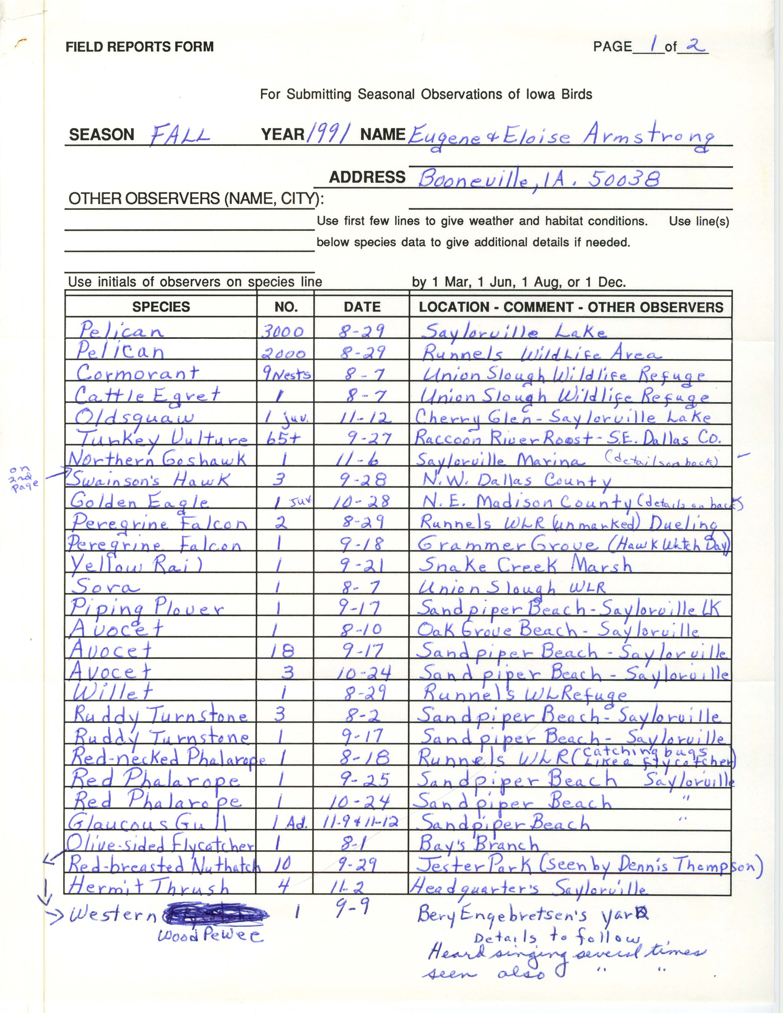 Field reports form for submitting seasonal observations of Iowa birds, Eloise Armstrong and Eugene Armstrong, fall 1991