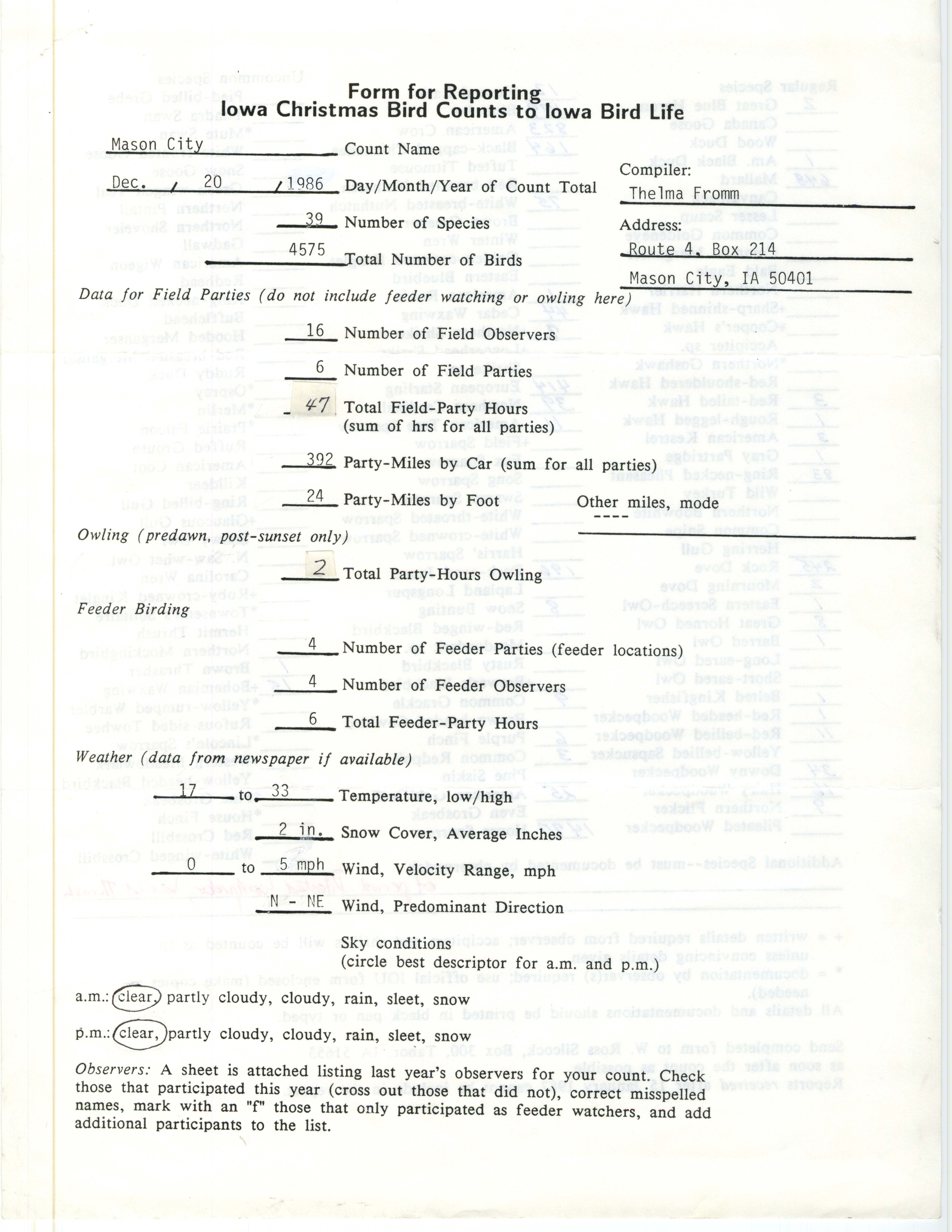 Form for reporting Iowa Christmas bird counts to Iowa Bird Life, Thelma Joy Fromm, December 20, 1986