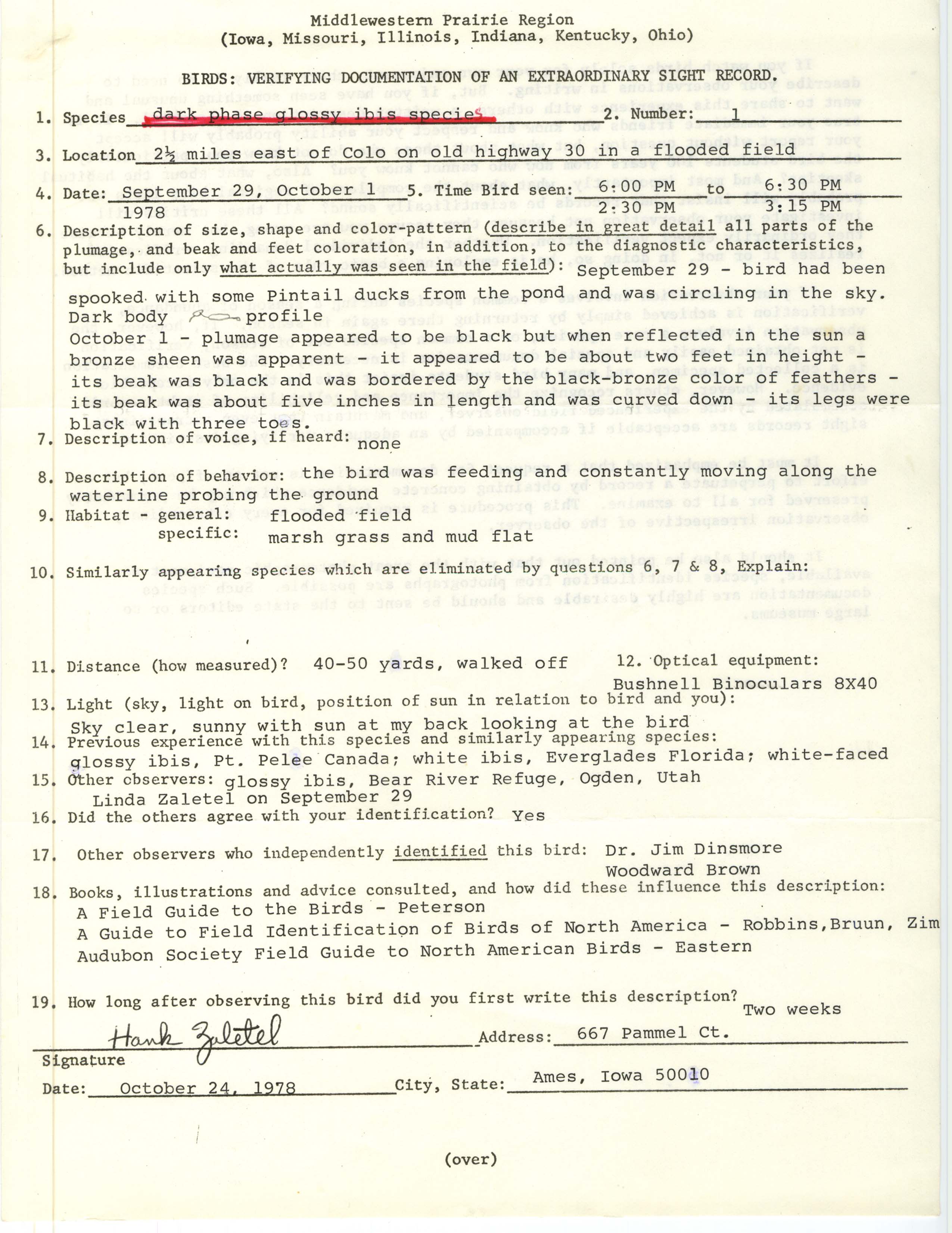 Rare bird documentation form for Ibis species at Colo, 1978