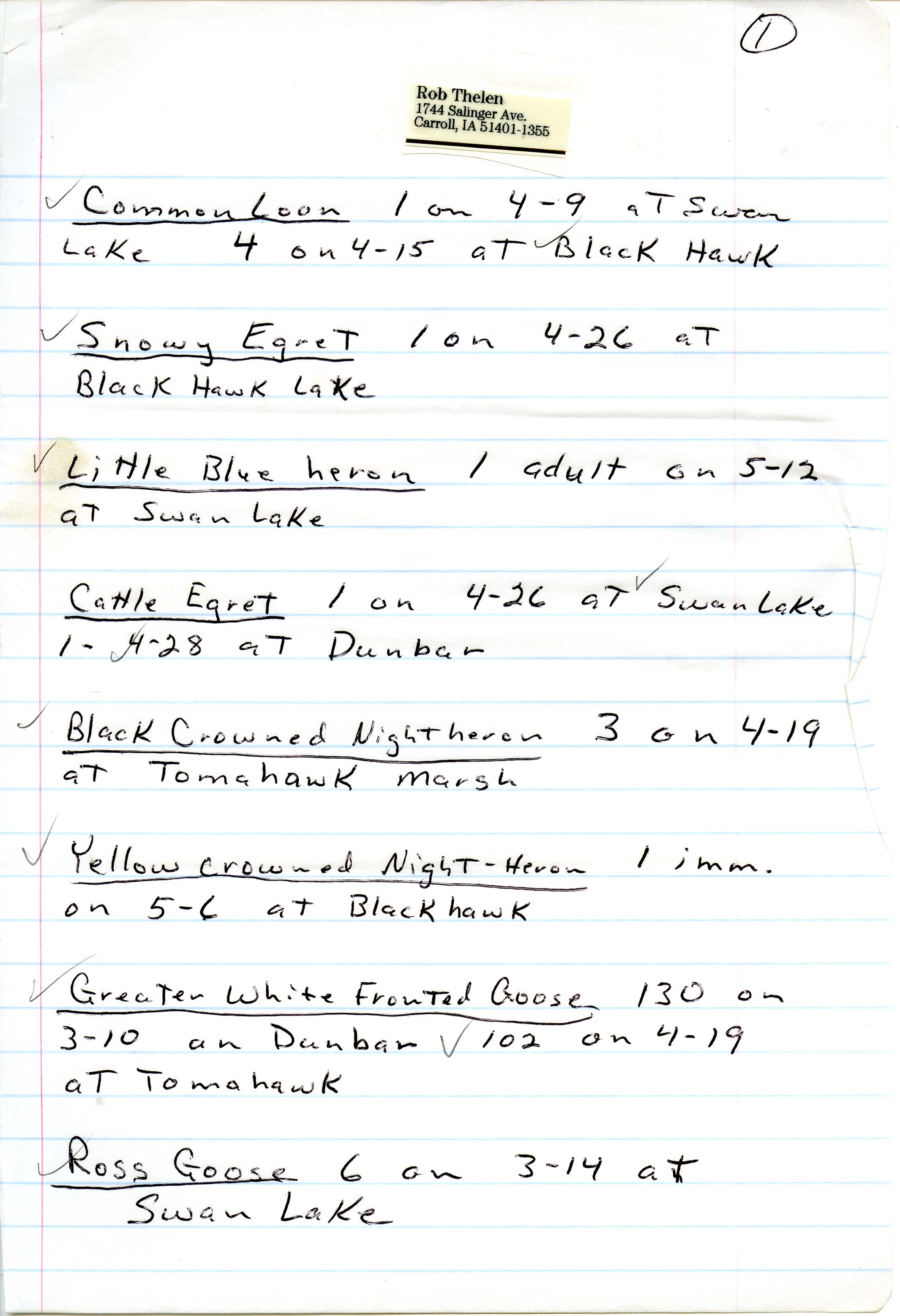 Field notes contributed by Rob Thelen, spring 1996