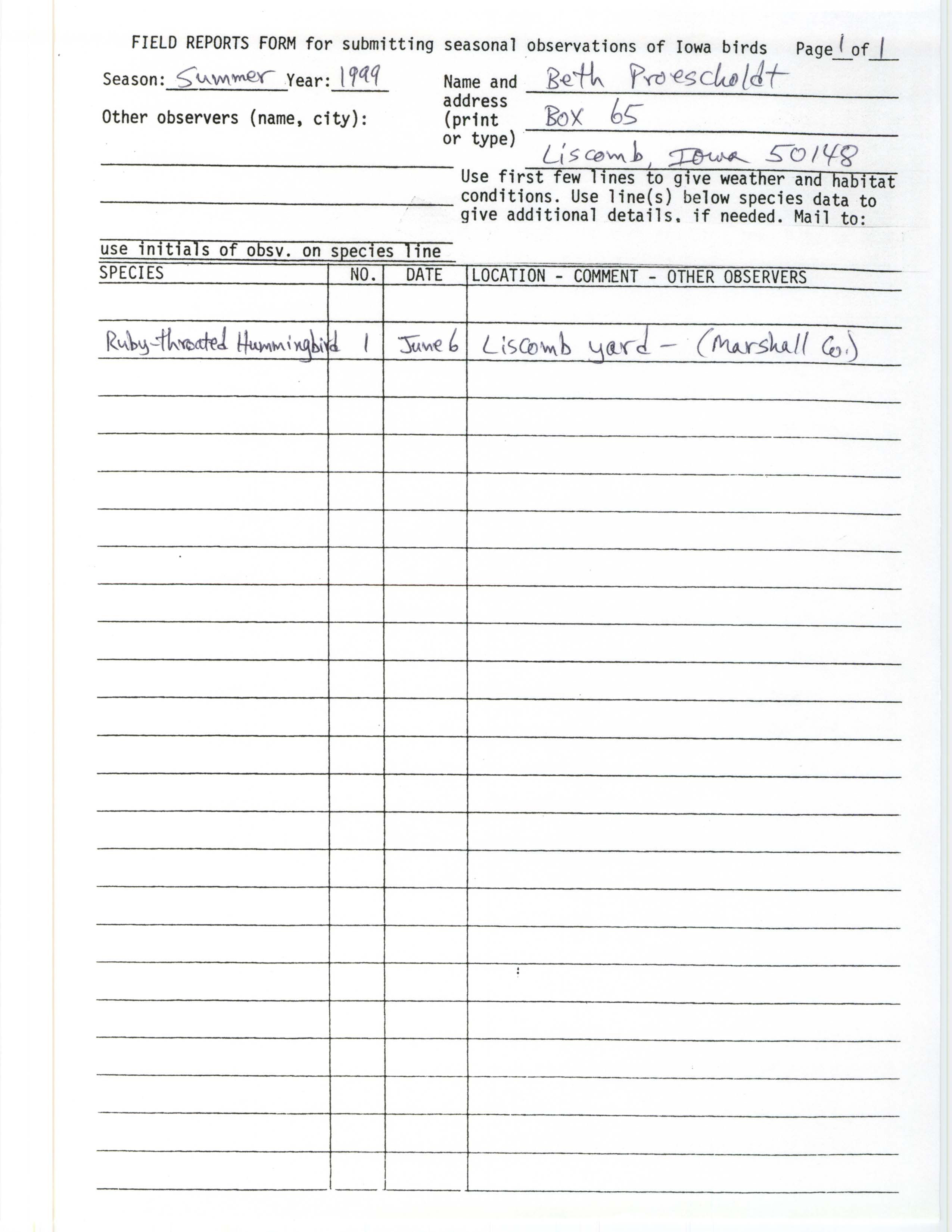 Field reports form for submitting seasonal observations of Iowa birds, summer 1999, Beth Proescholdt
