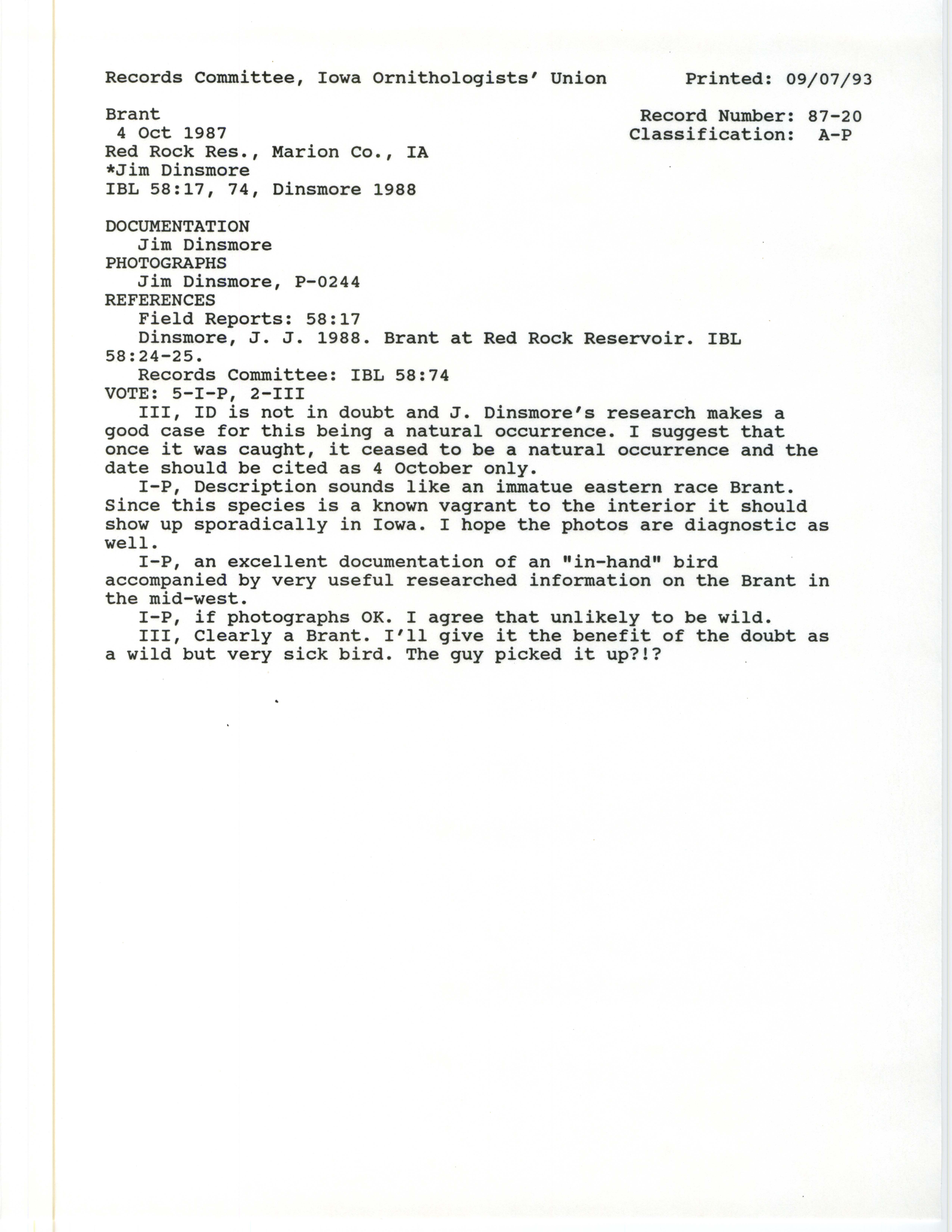 Records Committee review for rare bird sighting of Brant at Whitebreast Park, 1987