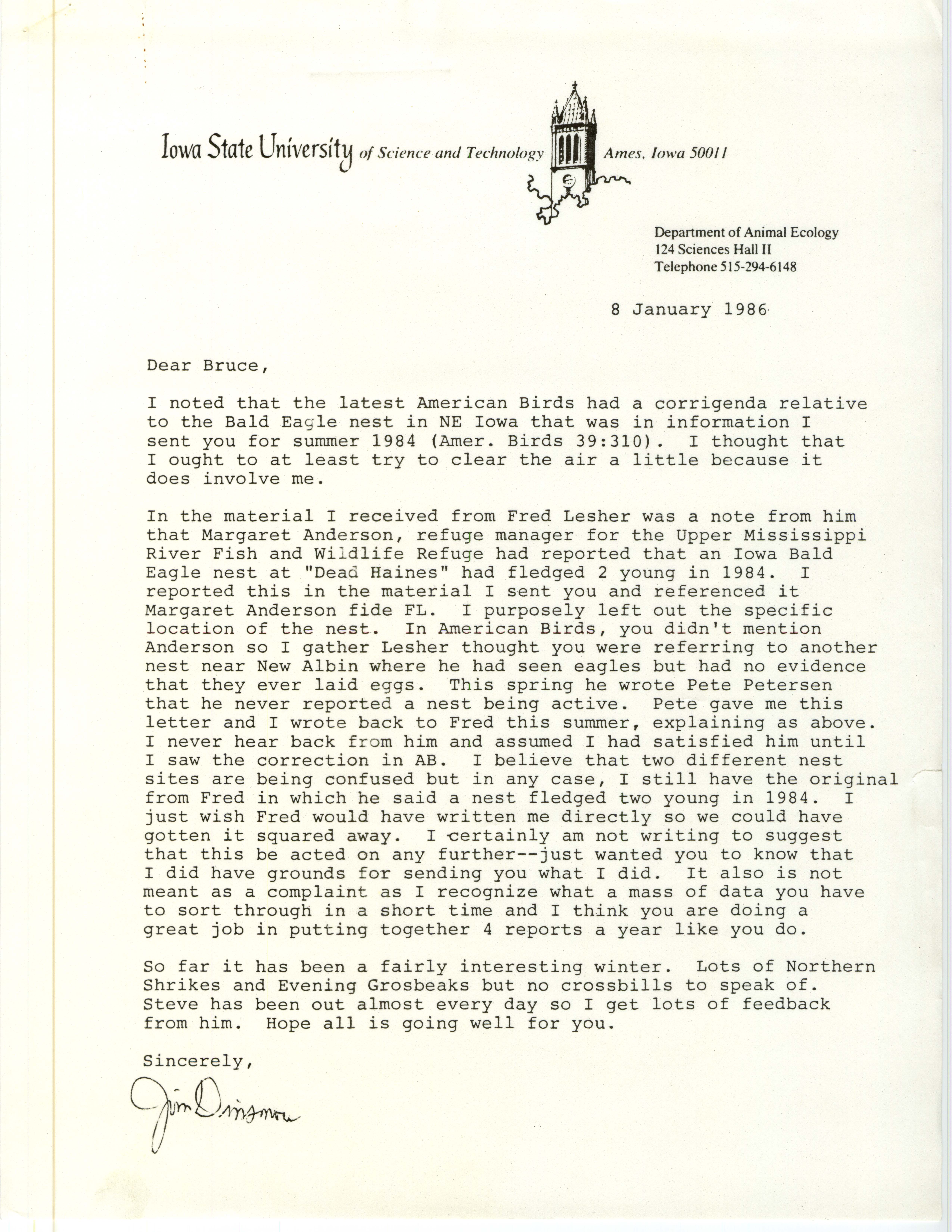 James J. Dinsmore letter to Bruce G. Peterjohn regarding location of a Bald Eagle nest, January 8, 1986