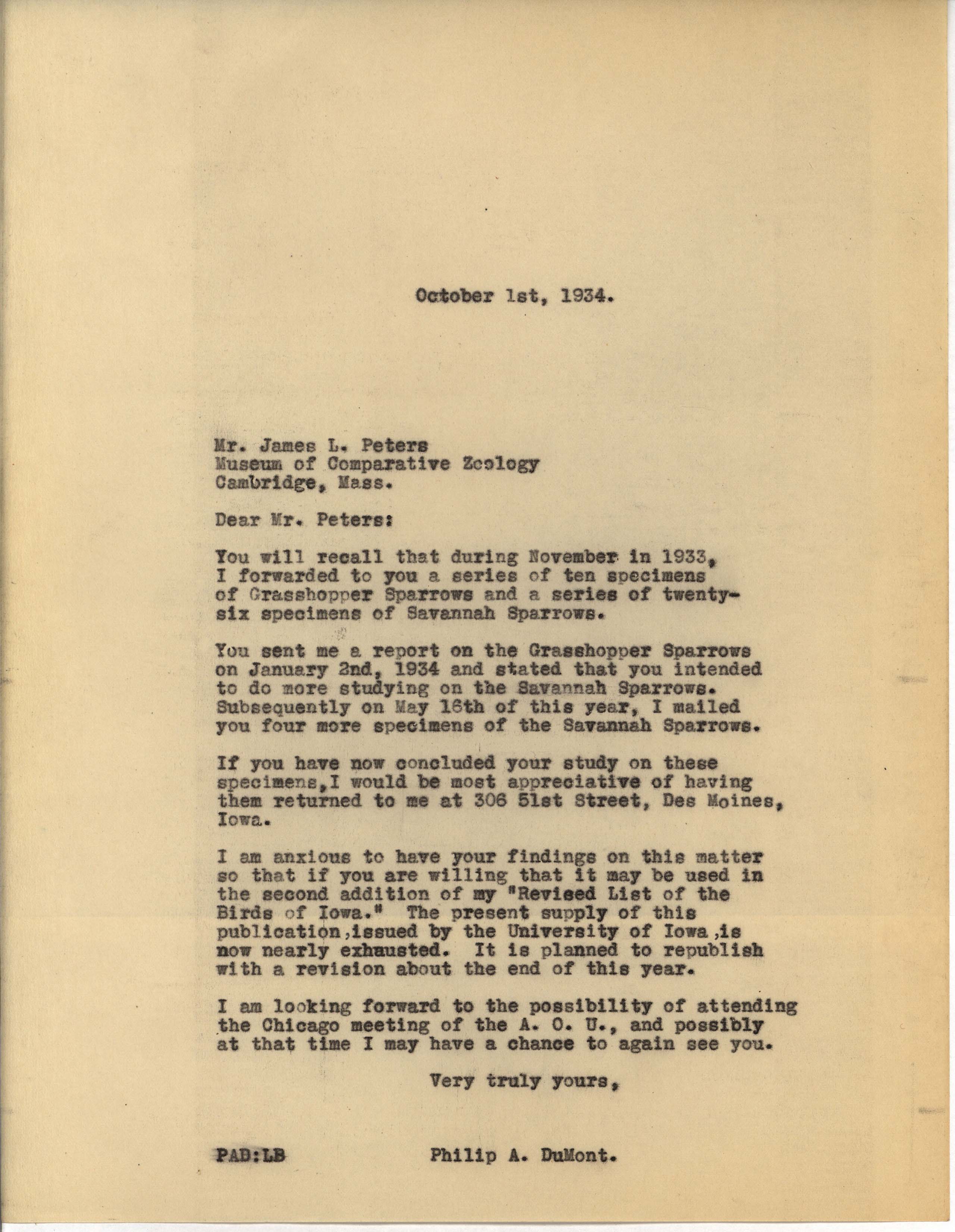 Philip DuMont letter to James Peters regarding Sparrow specimens, October 1, 1934
