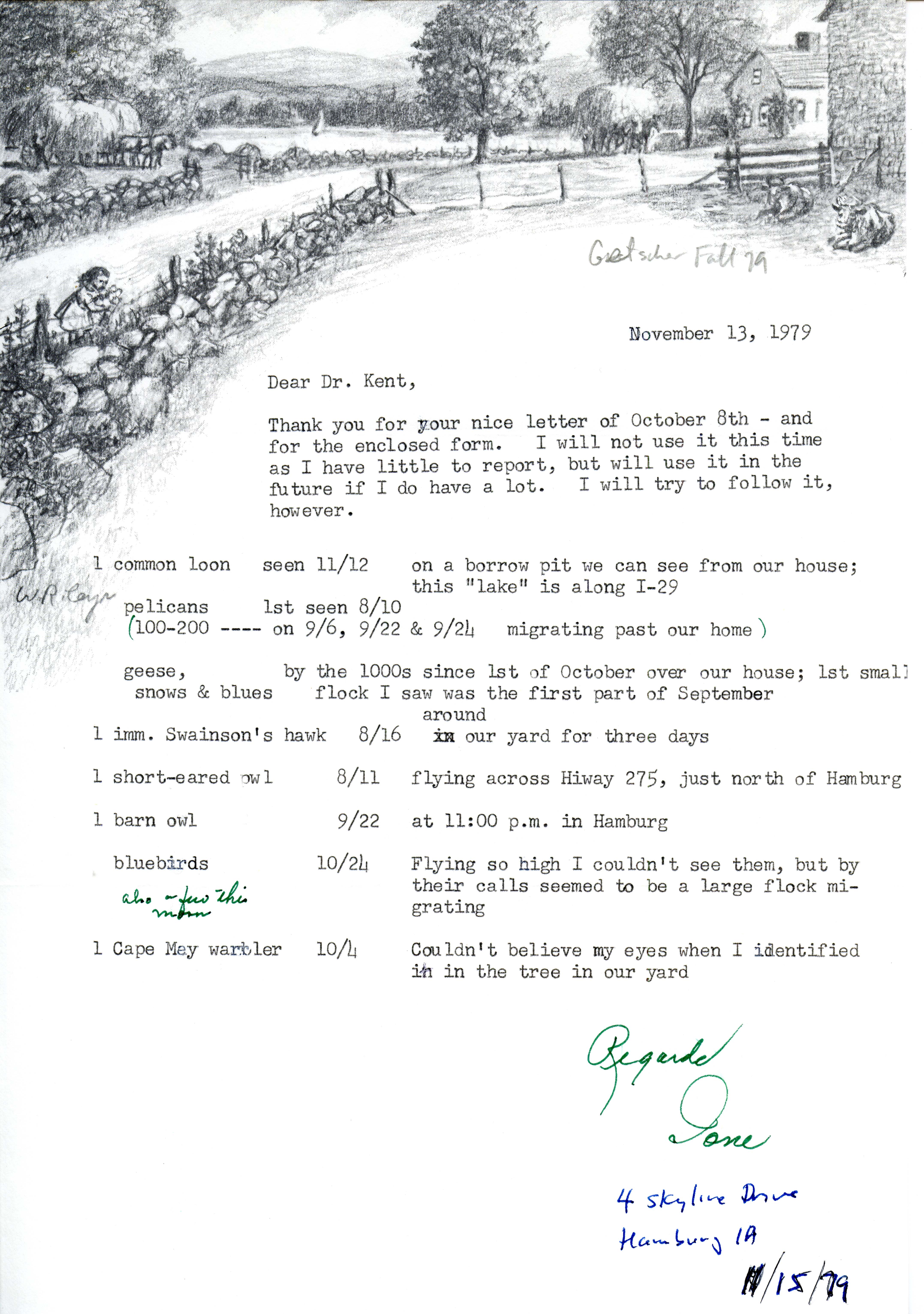 Ione Getscher letter to Thomas H. Kent regarding bird sightings, November 13, 1979