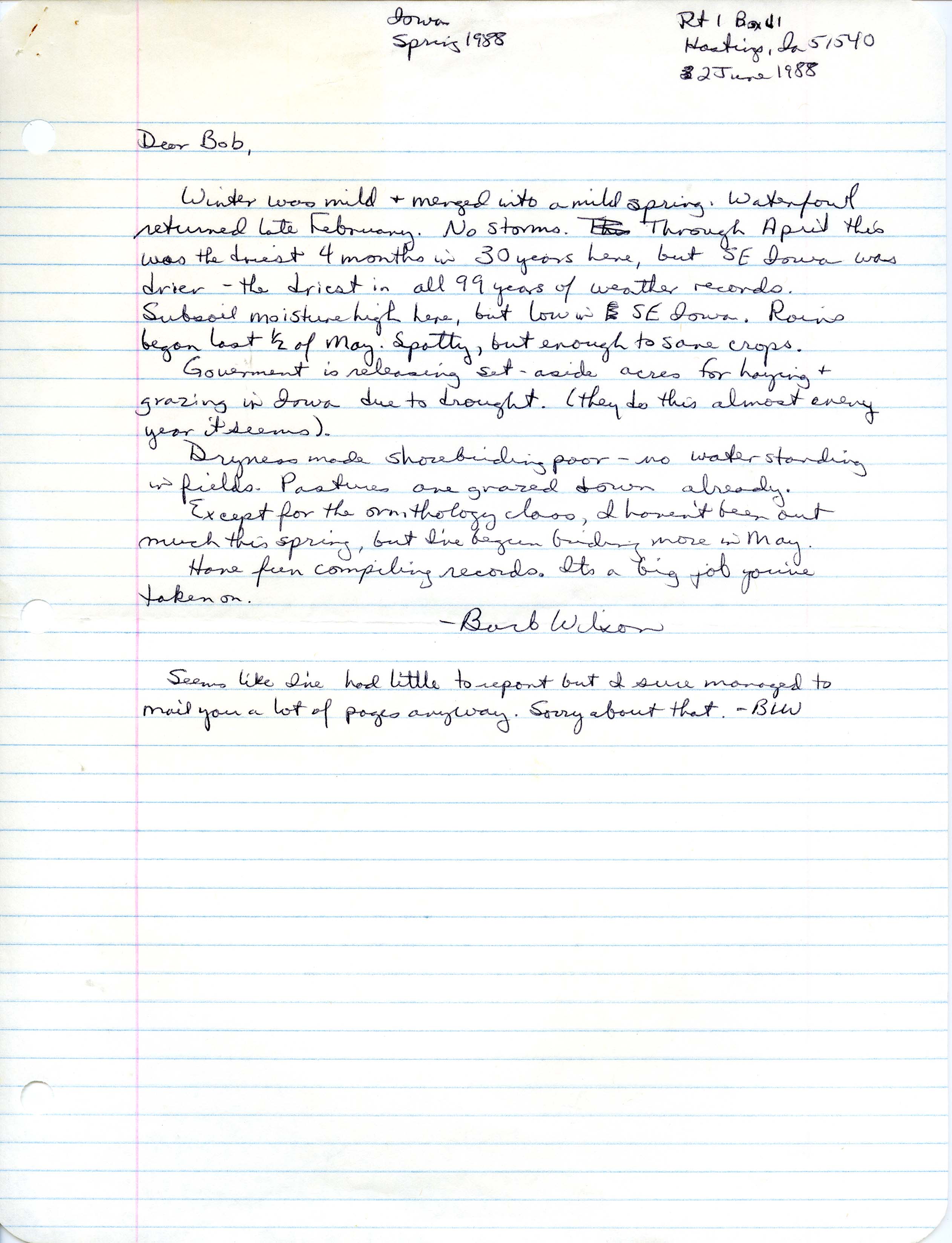 Barbara L. Wilson letter to Robert K. Myers regarding a weather report, June 2, 1988