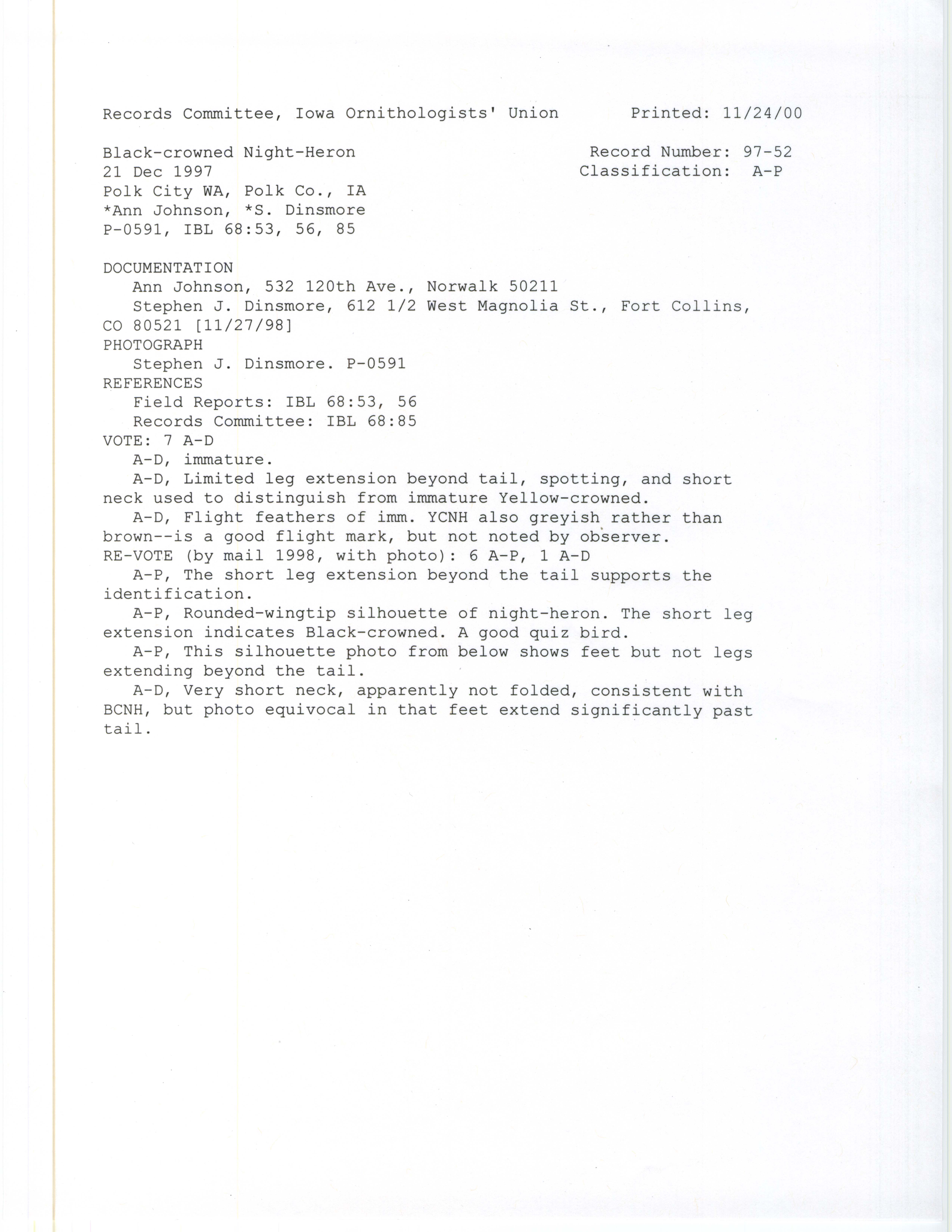 Records Committee review for rare bird sighting of Black-crowned Night-Heron at Polk City, 1997
