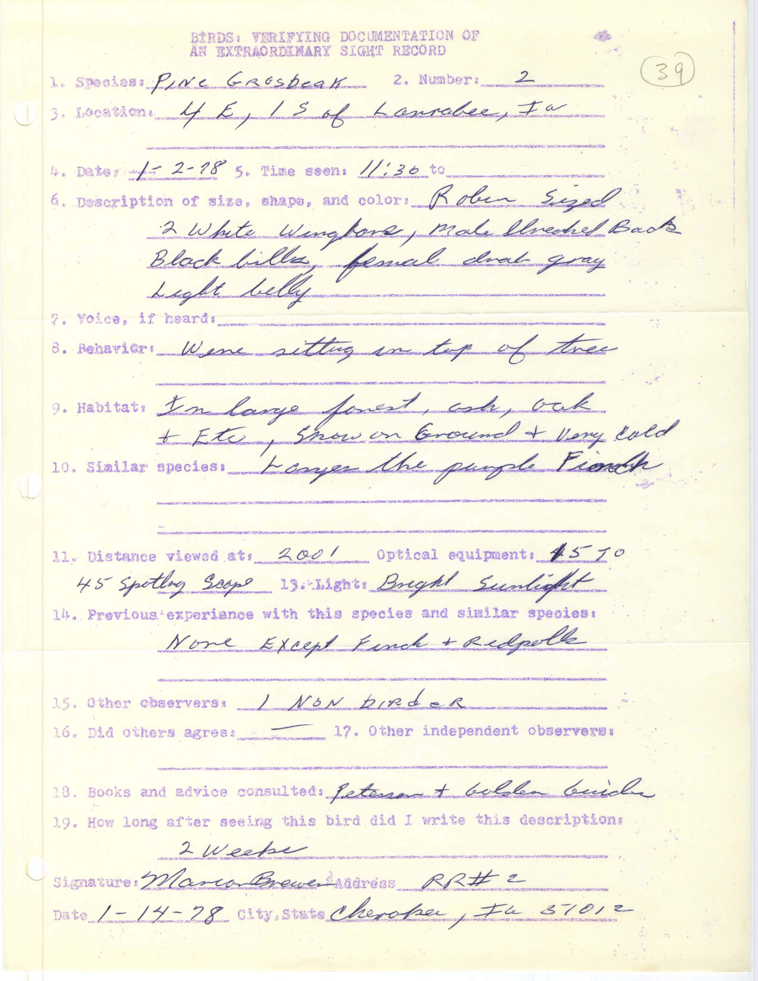 Rare bird documentation form for Pine Grosbeak at Larrabee, 1978