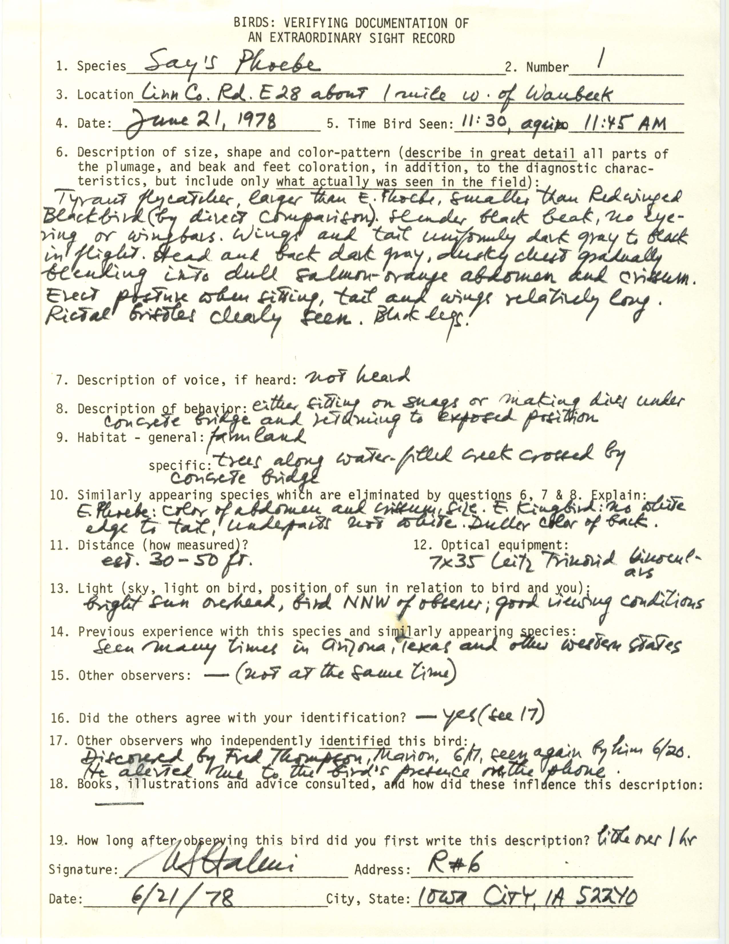 Rare bird documentation form for Say's Phoebe west of Waubeek, 1978