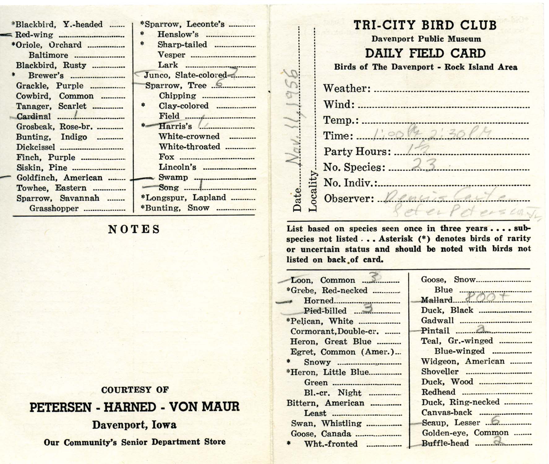 Tri-City bird checklist compiled by Dennis L. Carter and Peter C. Petersen, November 11, 1956