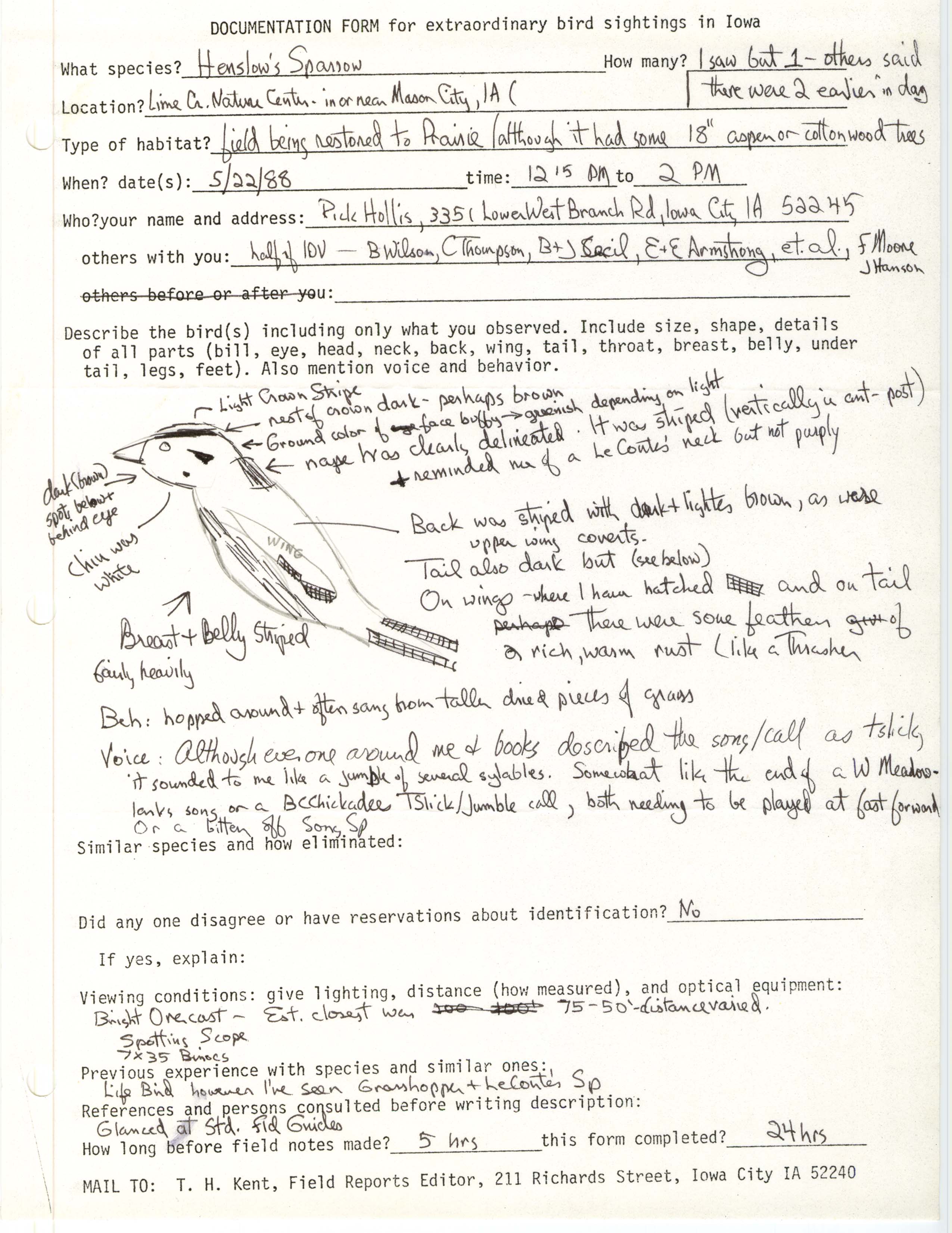 Rare bird documentation form for Henslow's Sparrow at Lime Creek Nature Center near Mason City, 1988
