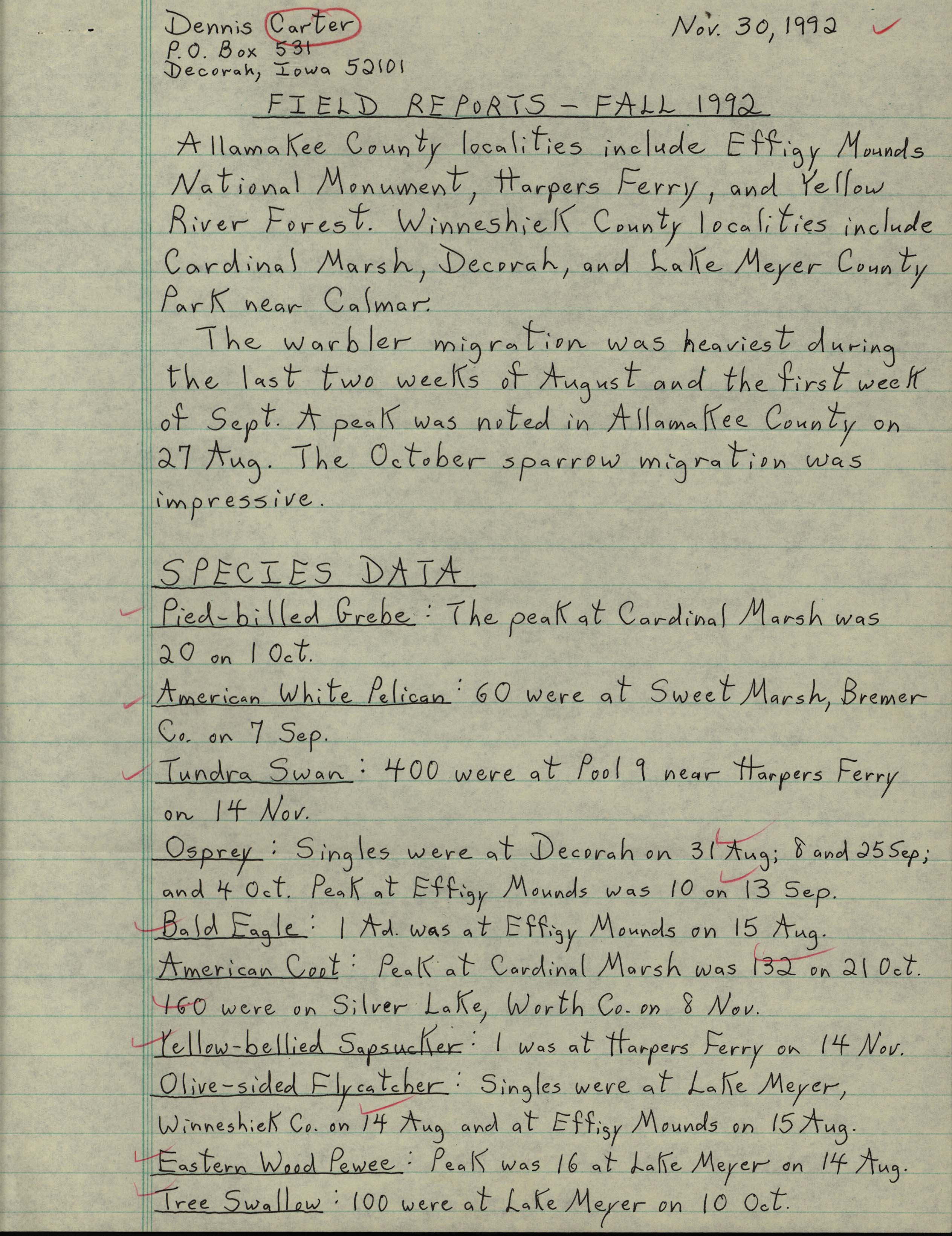 Field notes contributed by Dennis L. Carter, November 30, 1992