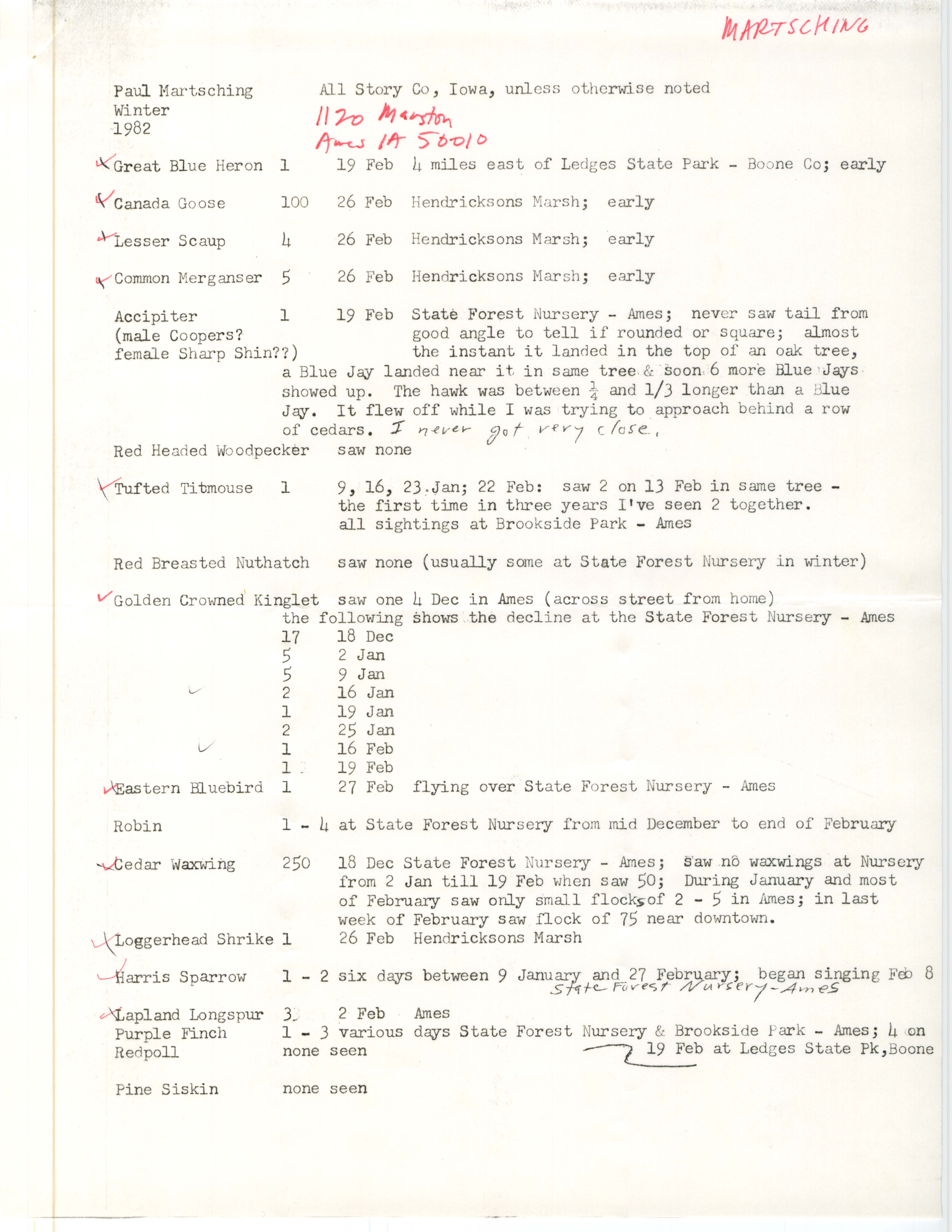 Field notes contributed by Paul Martsching, winter 1982-1983