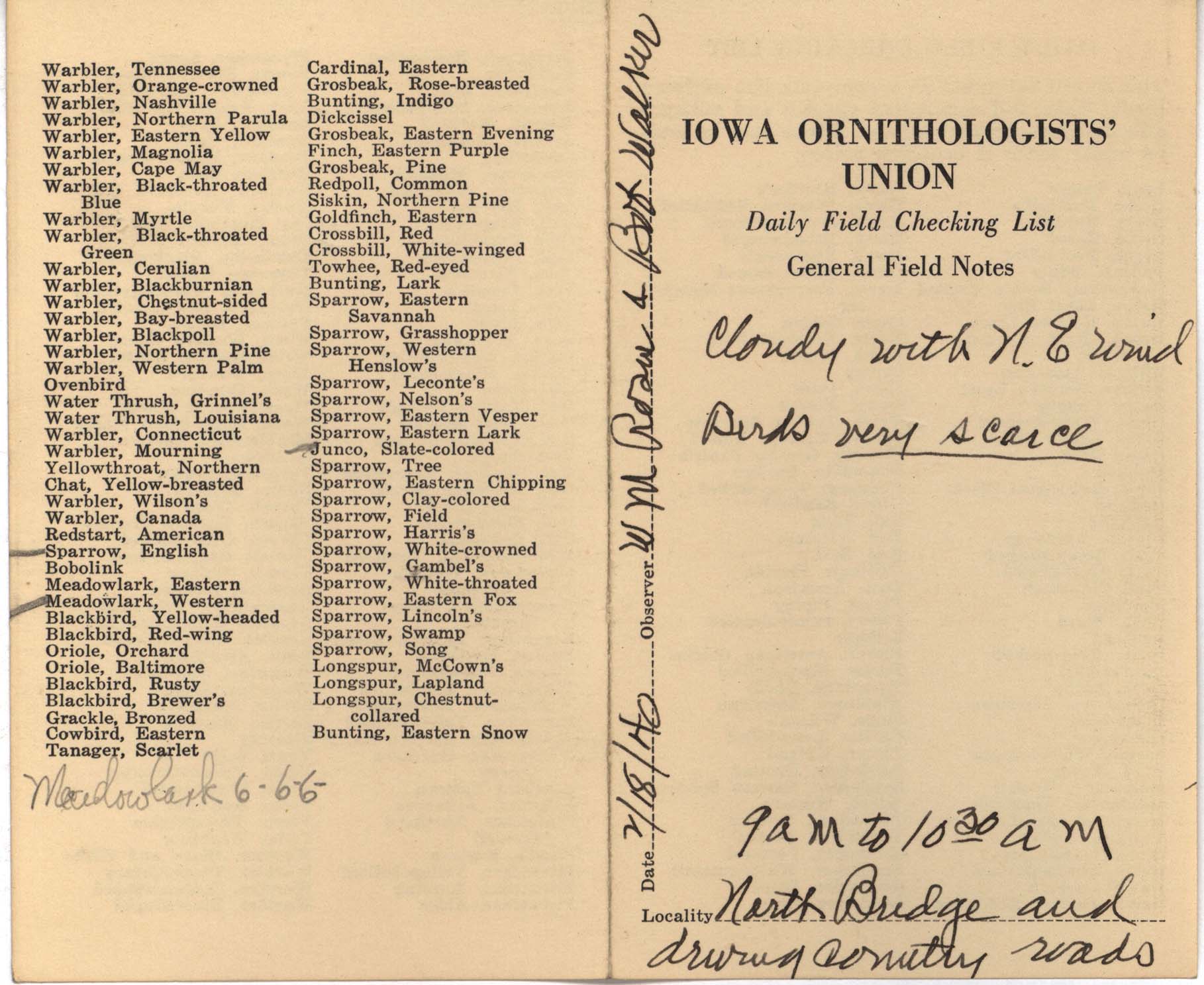 Daily field checking list by Walter Rosene, February 18, 1940
