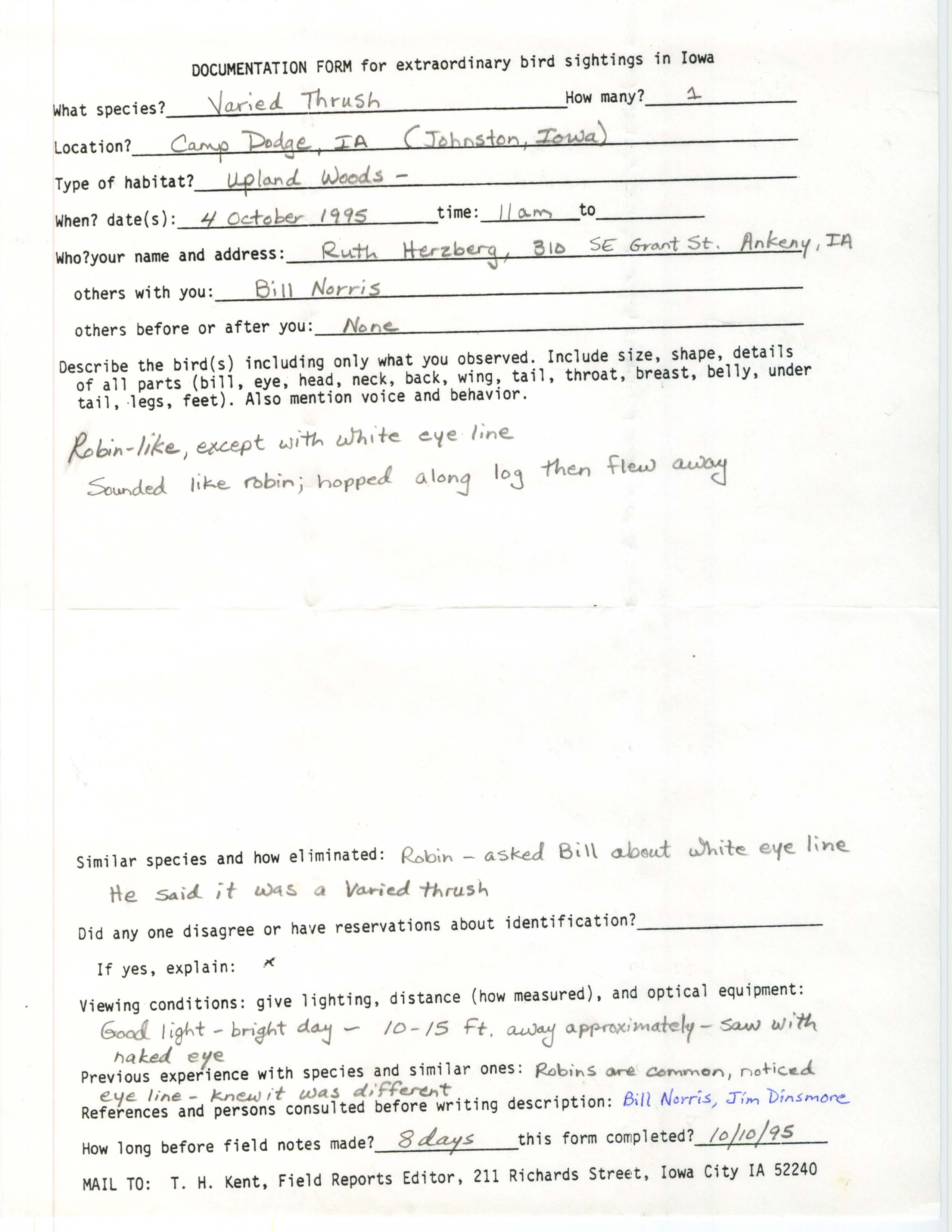 Rare bird documentation form for Varied Thrush at Camp Dodge, 1995
