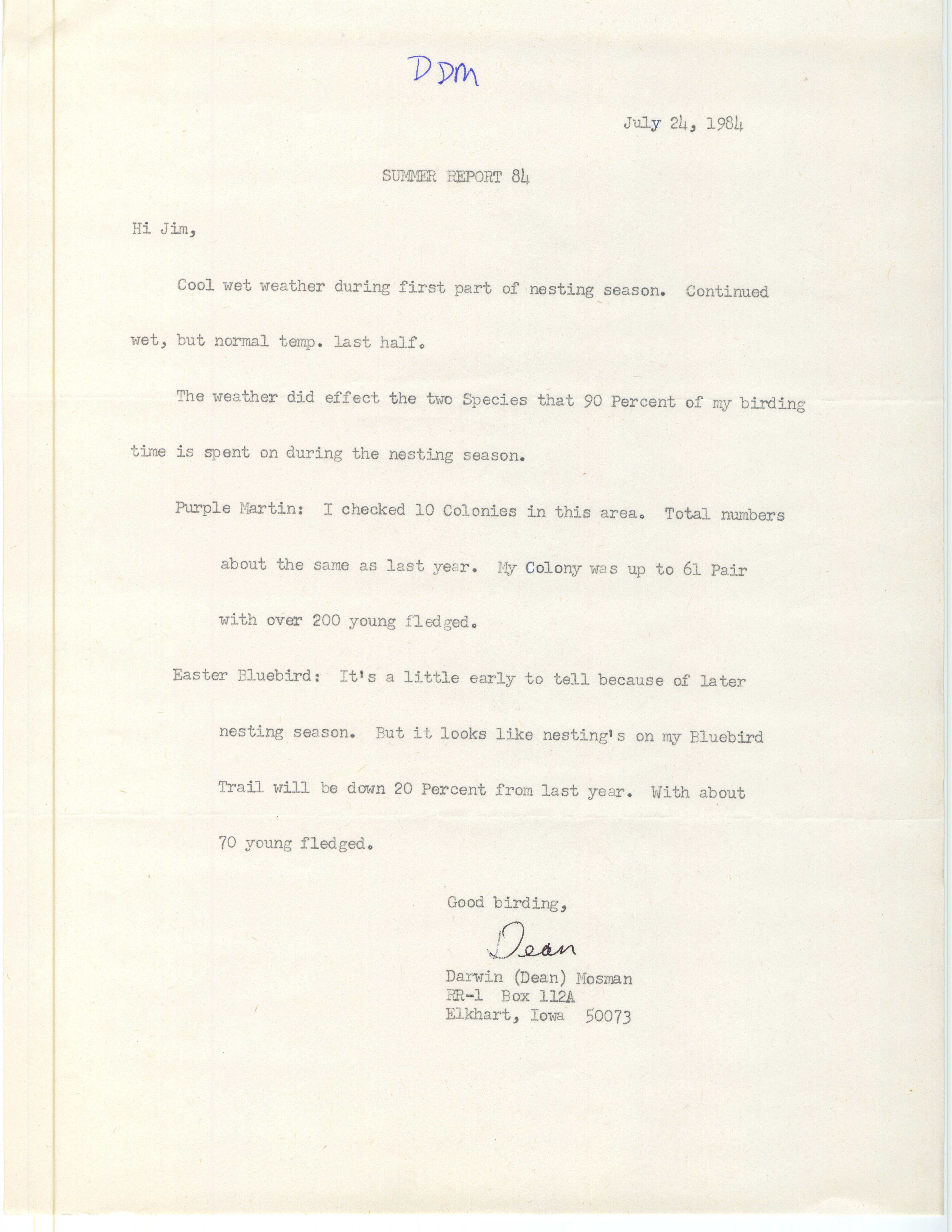 Dean Mosman letter to James J. Dinsmore regarding nesting of Purple Martins and Eastern Bluebirds, July 24, 1984