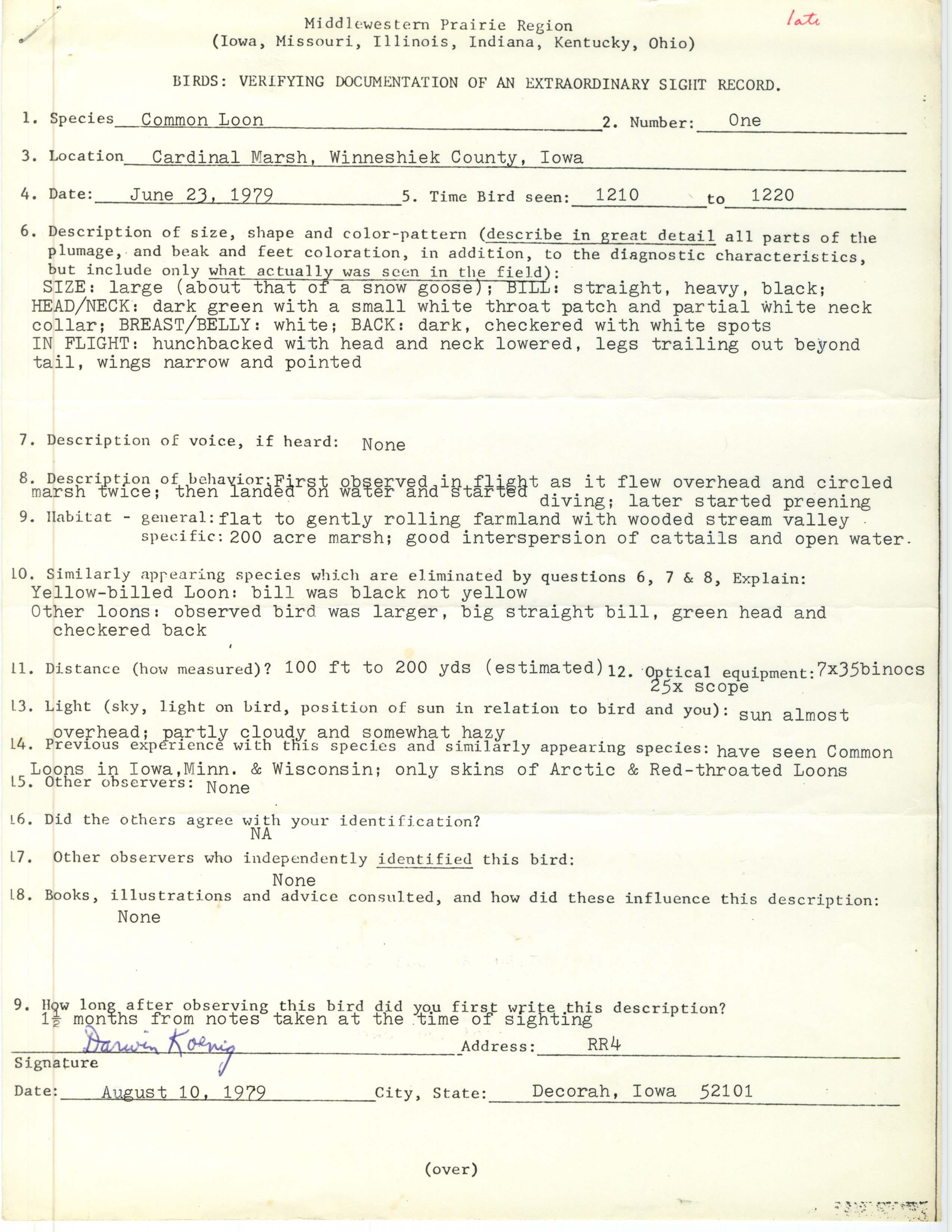Rare bird documentation form for Common Loon at Cardinal Marsh, 1979