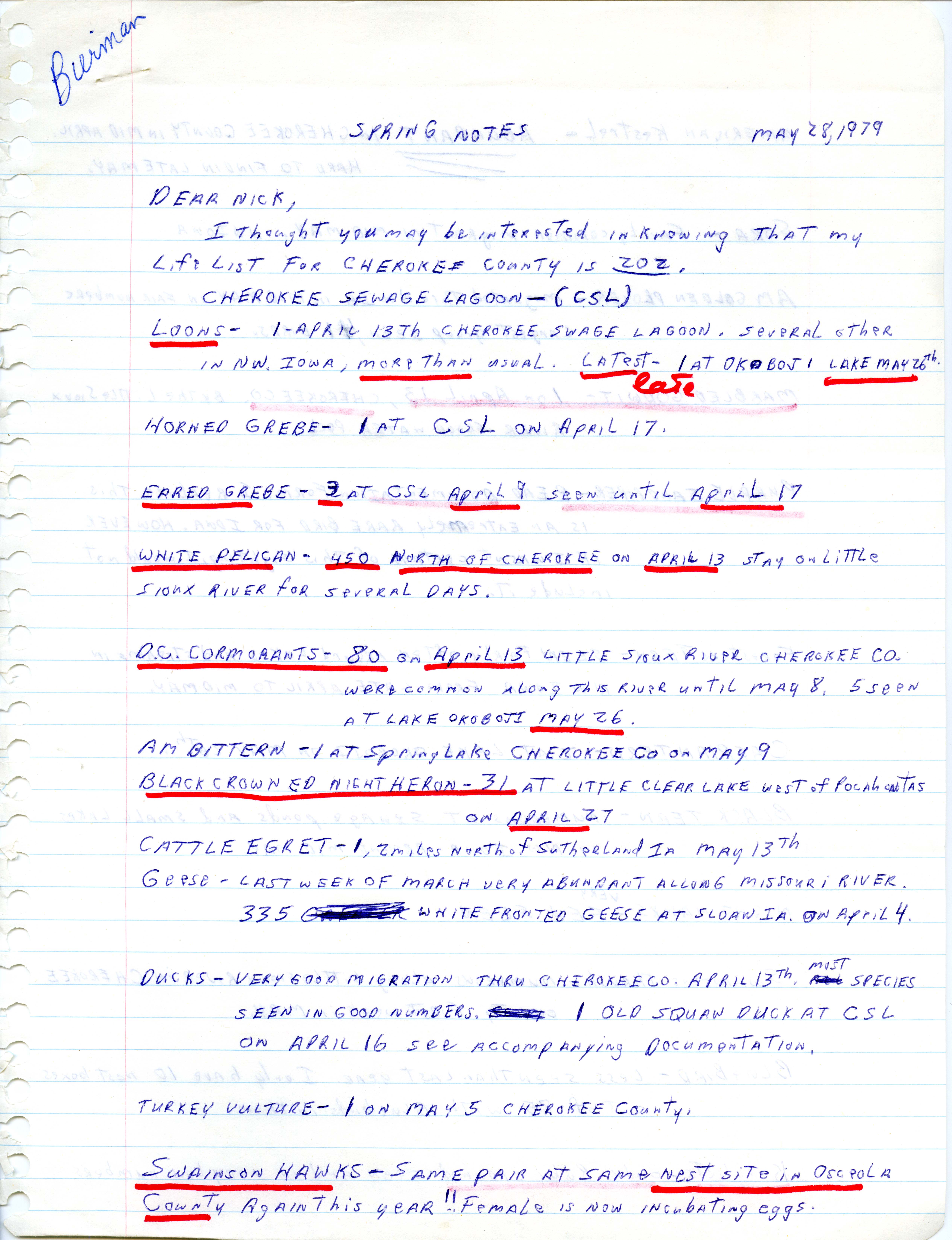 Dick Bierman letter to Nicholas S. Halmi regarding spring bird sightings, May 28, 1979