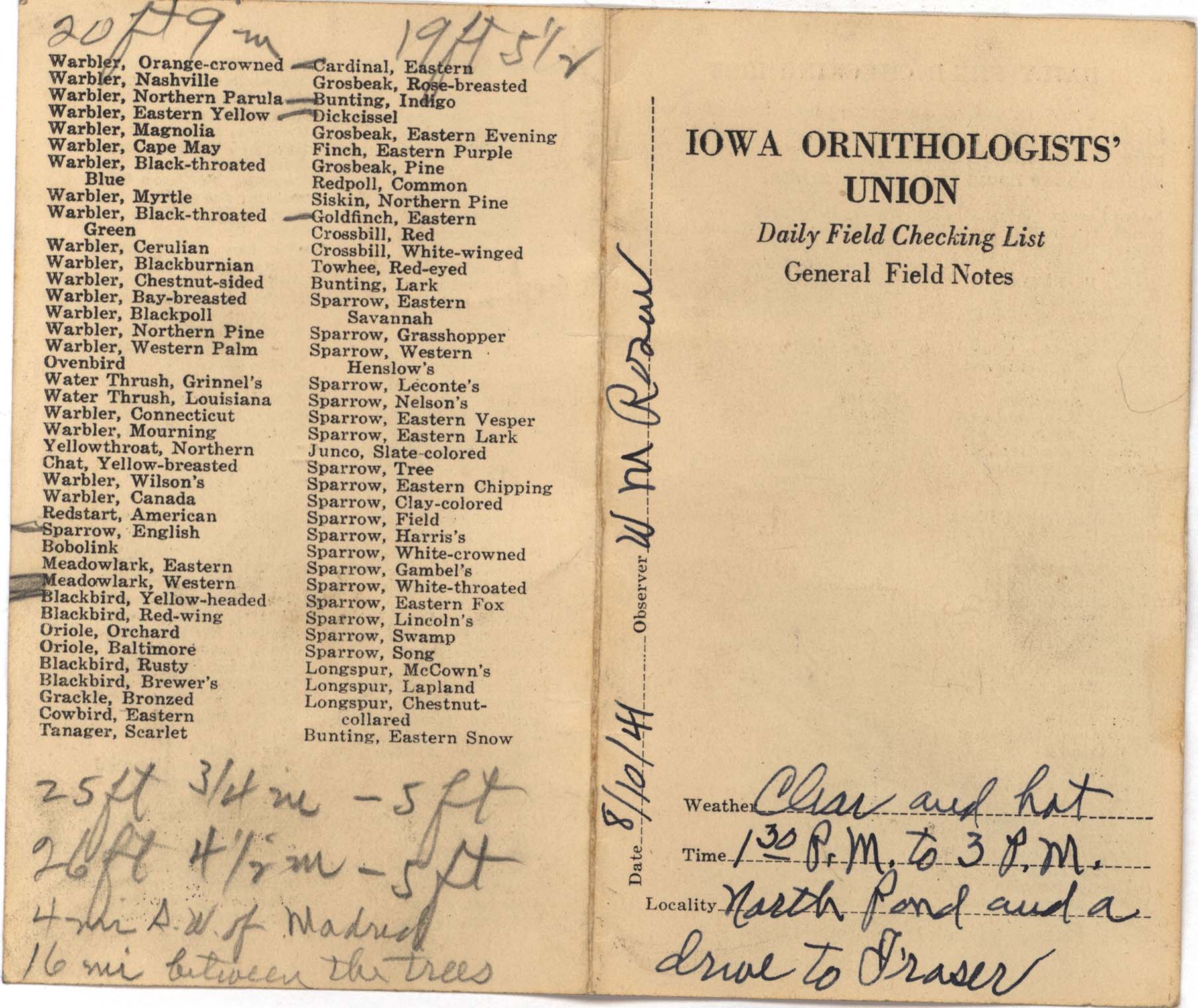 Daily field checking list by Walter Rosene, August 10, 1941