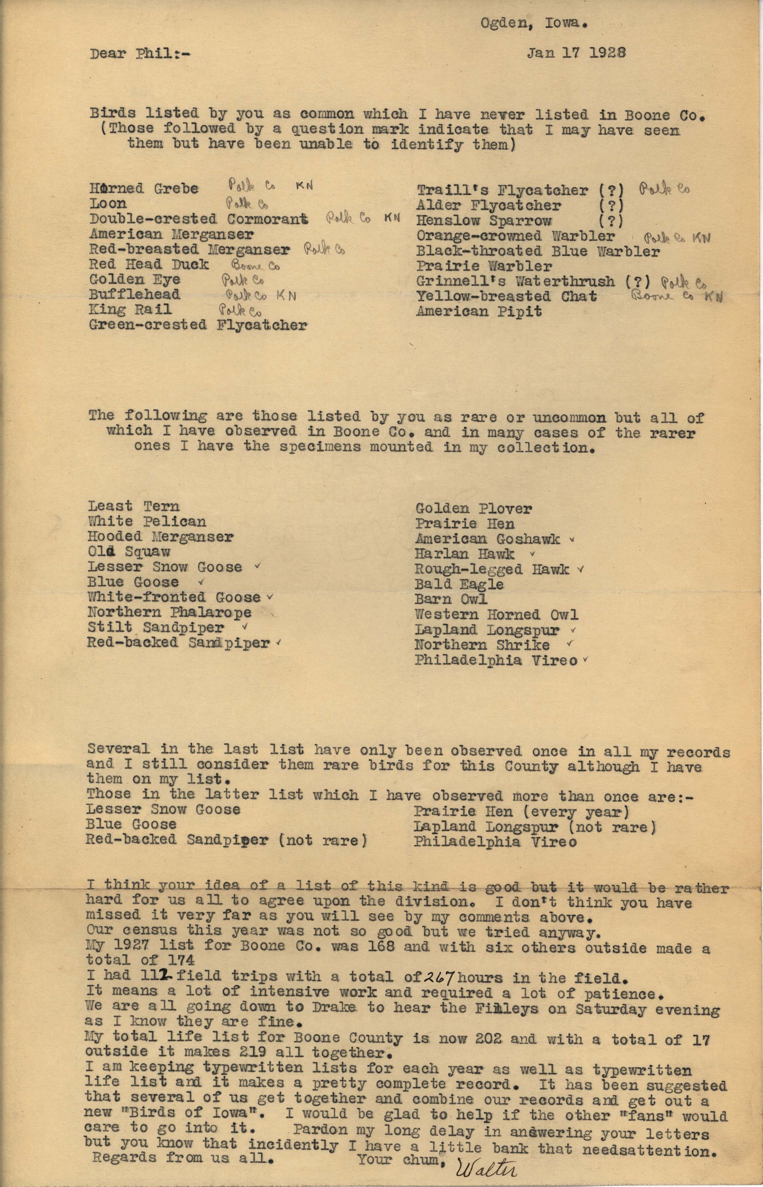 Walter Rosene letter to Philip DuMont regarding creating a new Birds of Iowa list, January 17, 1928