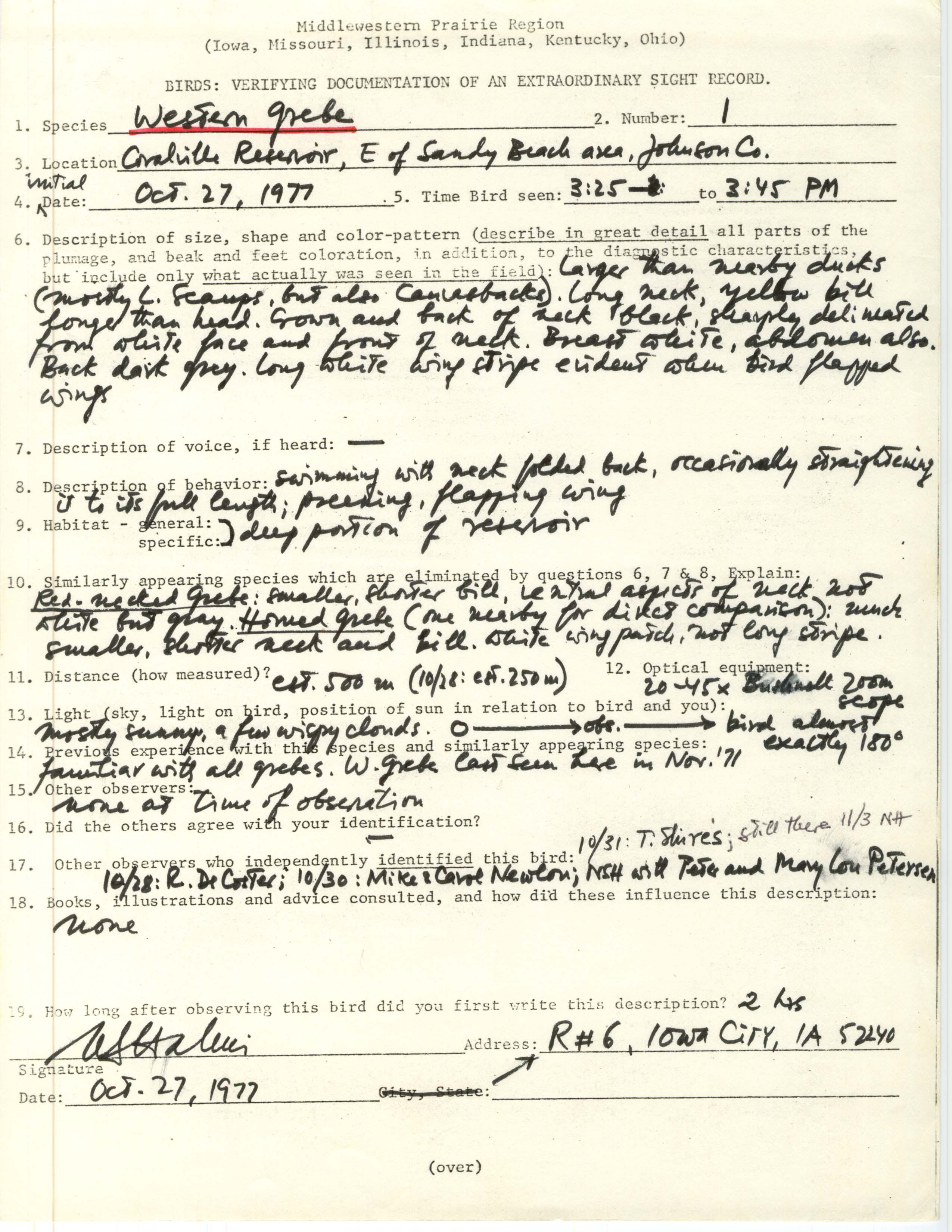 Rare bird documentation form for Western Grebe at Sandy Beach Area at Coralville Reservoir, 1977