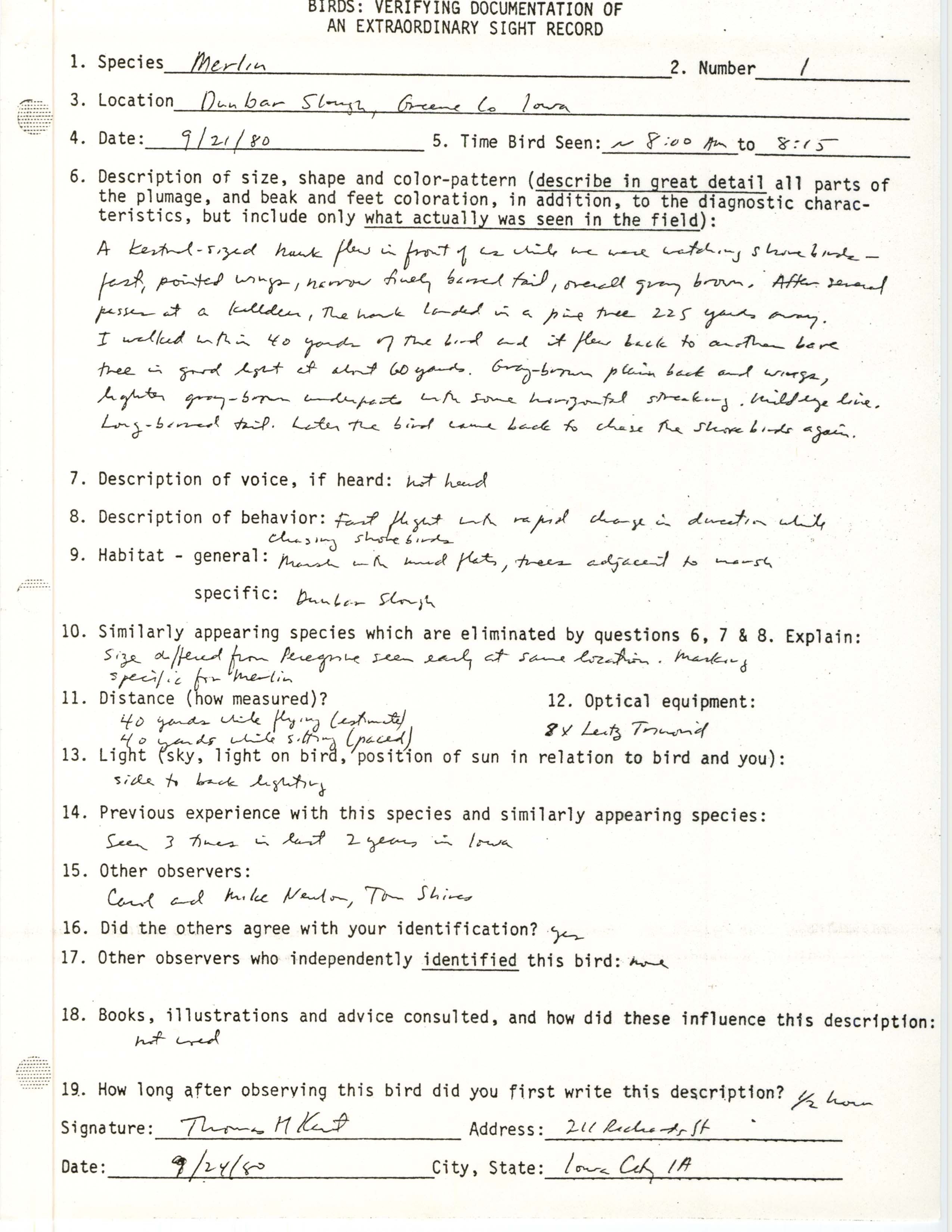 Rare bird documentation form for Merlin at Dunbar Slough, 1980