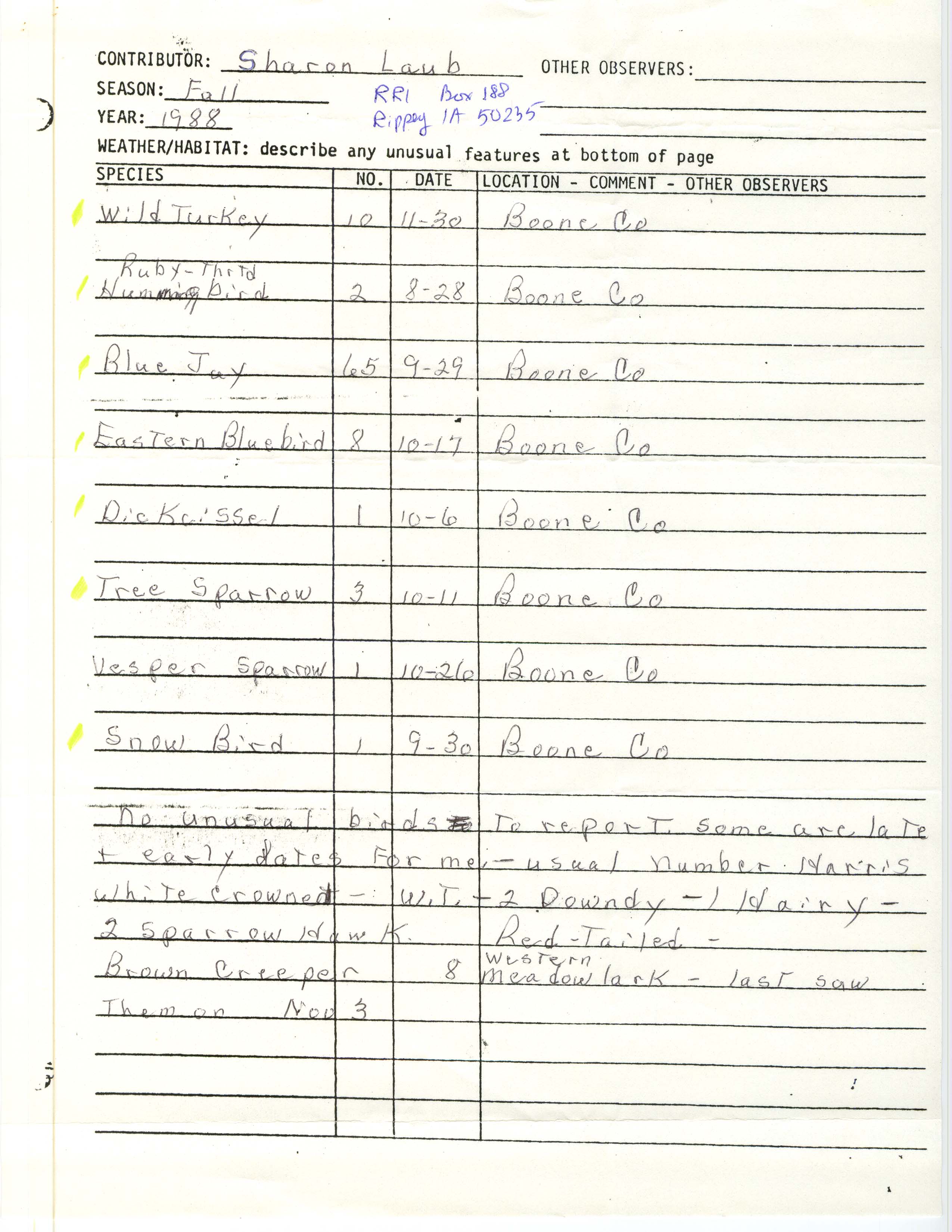 Field notes contributed by Sharon Laub, fall 1988