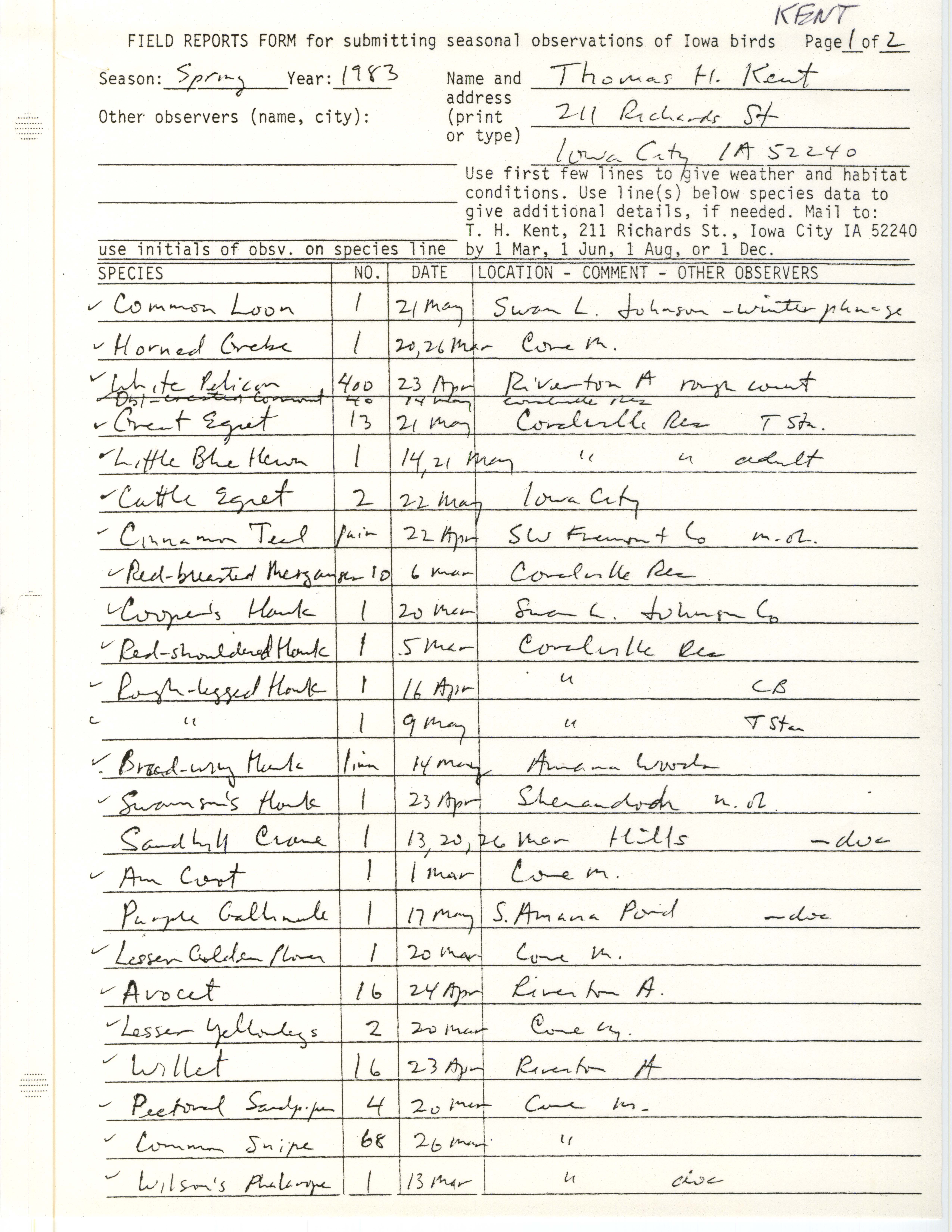 Field reports form for submitting seasonal observations of Iowa birds, Thomas H. Kent, spring 1983