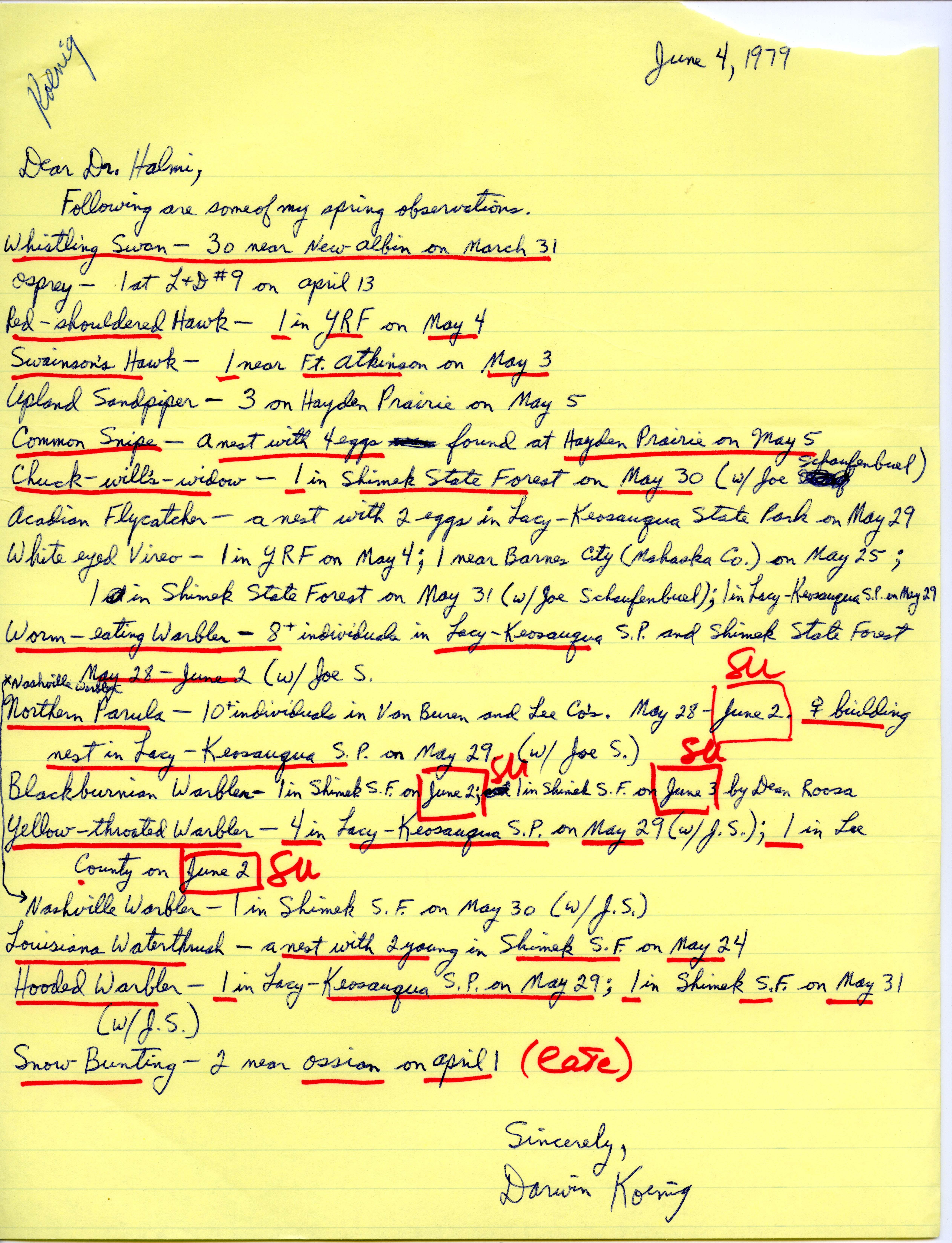 Darwin Koenig letter to Nicholas S. Halmi regarding spring bird sightings, June 4, 1979