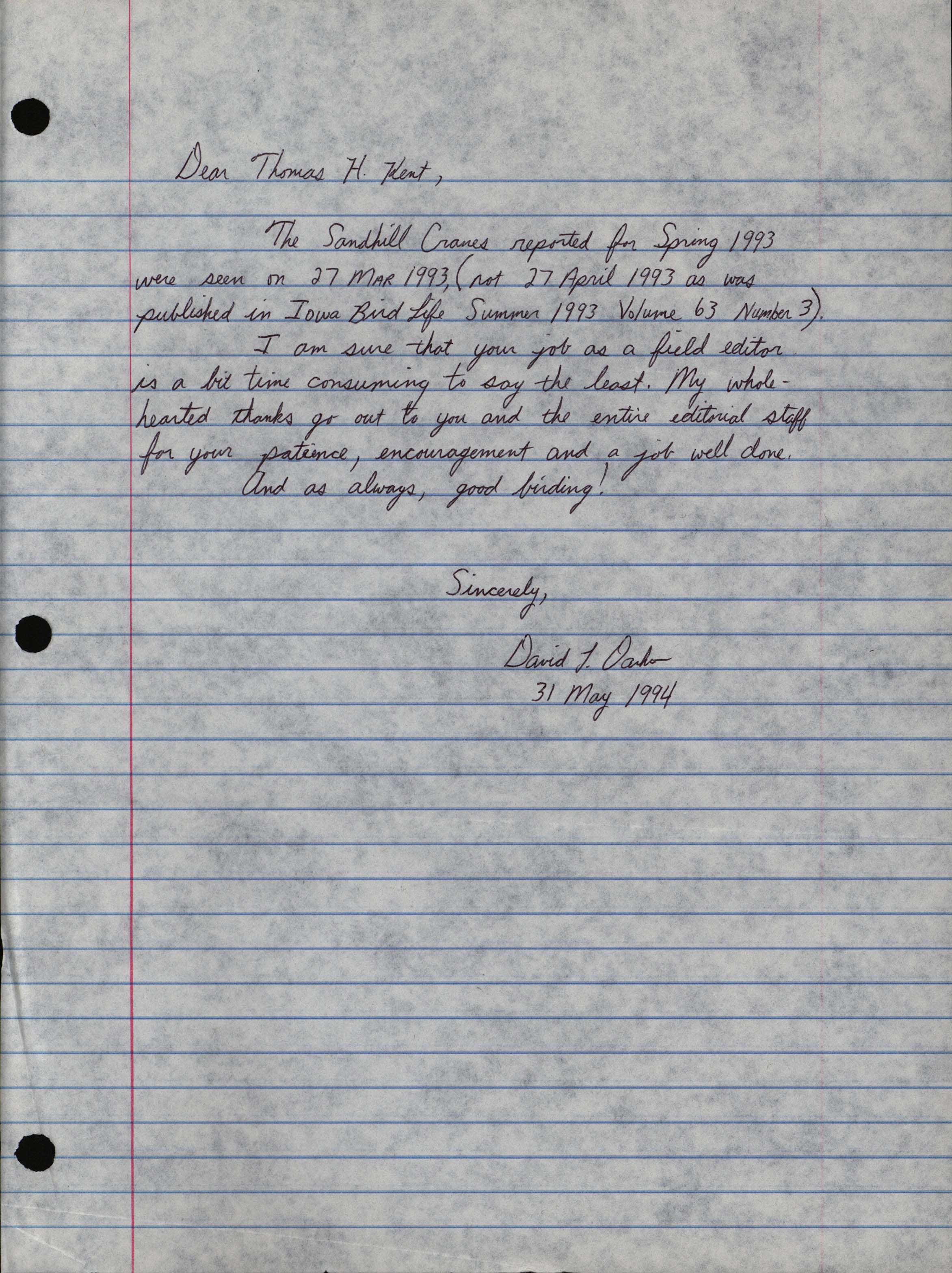 David Dankert letter to Thomas Kent regarding Sandhill Crane sighting, May 31, 1994
