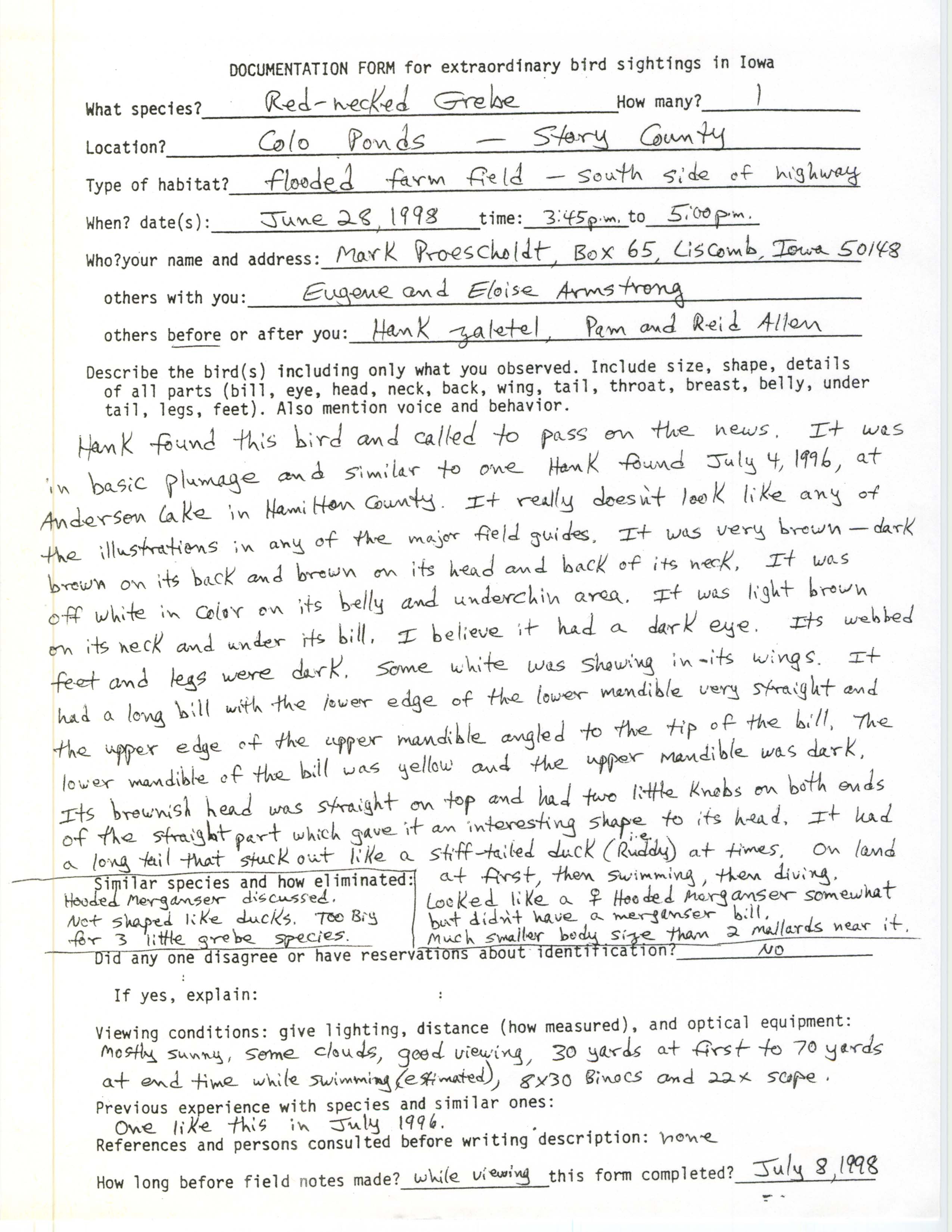 Documentation form for extraordinary bird sightings in Iowa, Red-necked Grebe, June 28, 1998, Mark Proescholdt