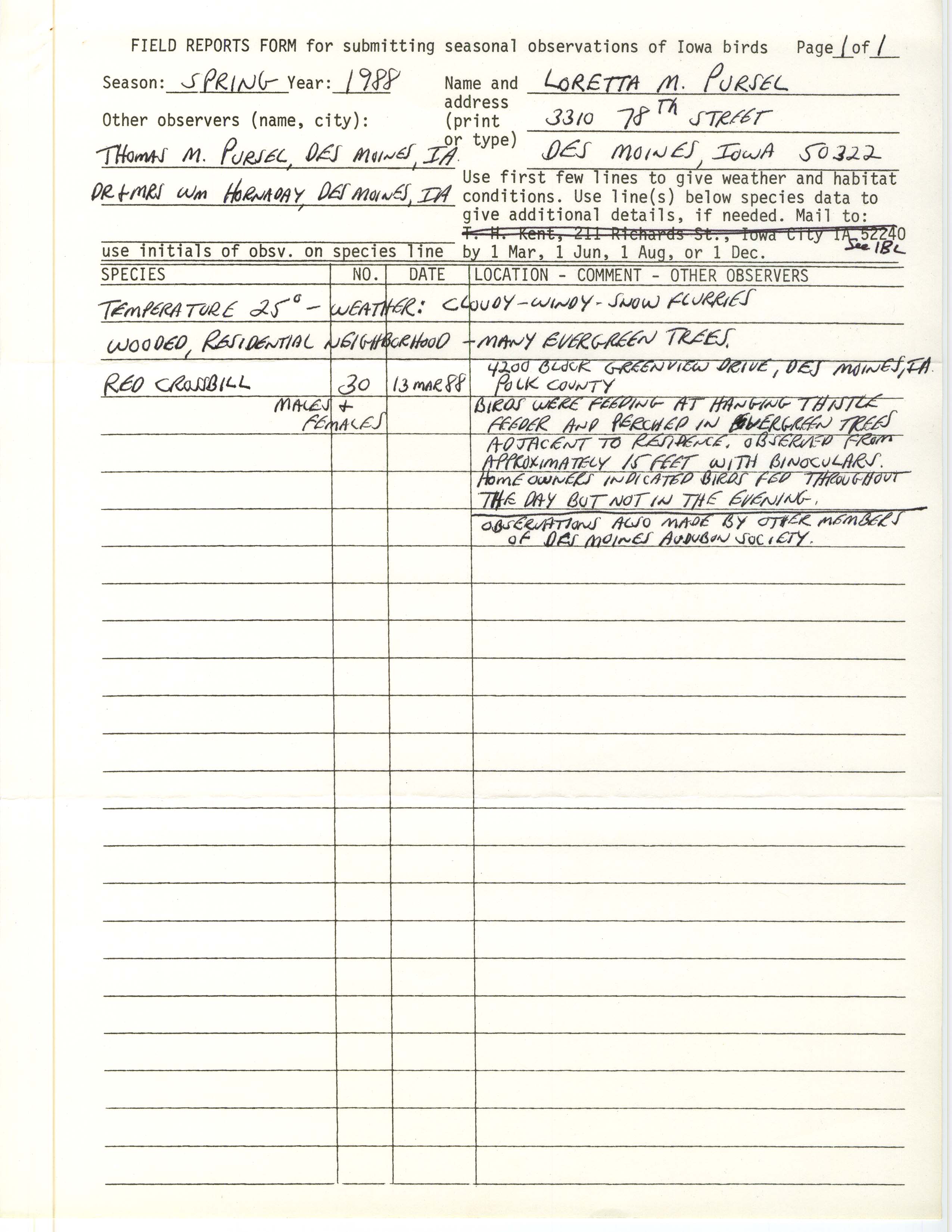 Field reports form for submitting seasonal observations of Iowa birds, Loretta M. Pursel, spring 1988