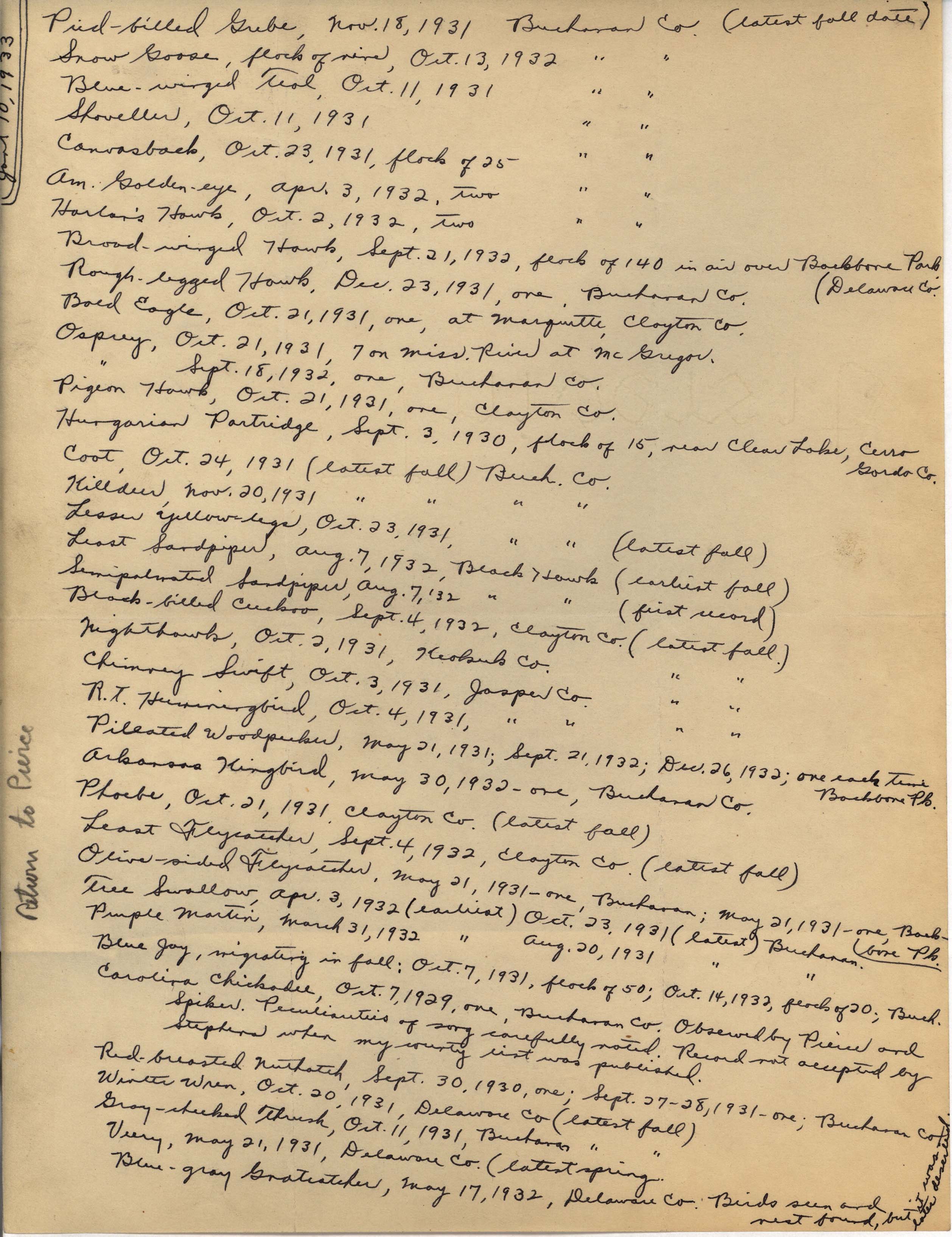 Bird sighting list, January 10, 1933