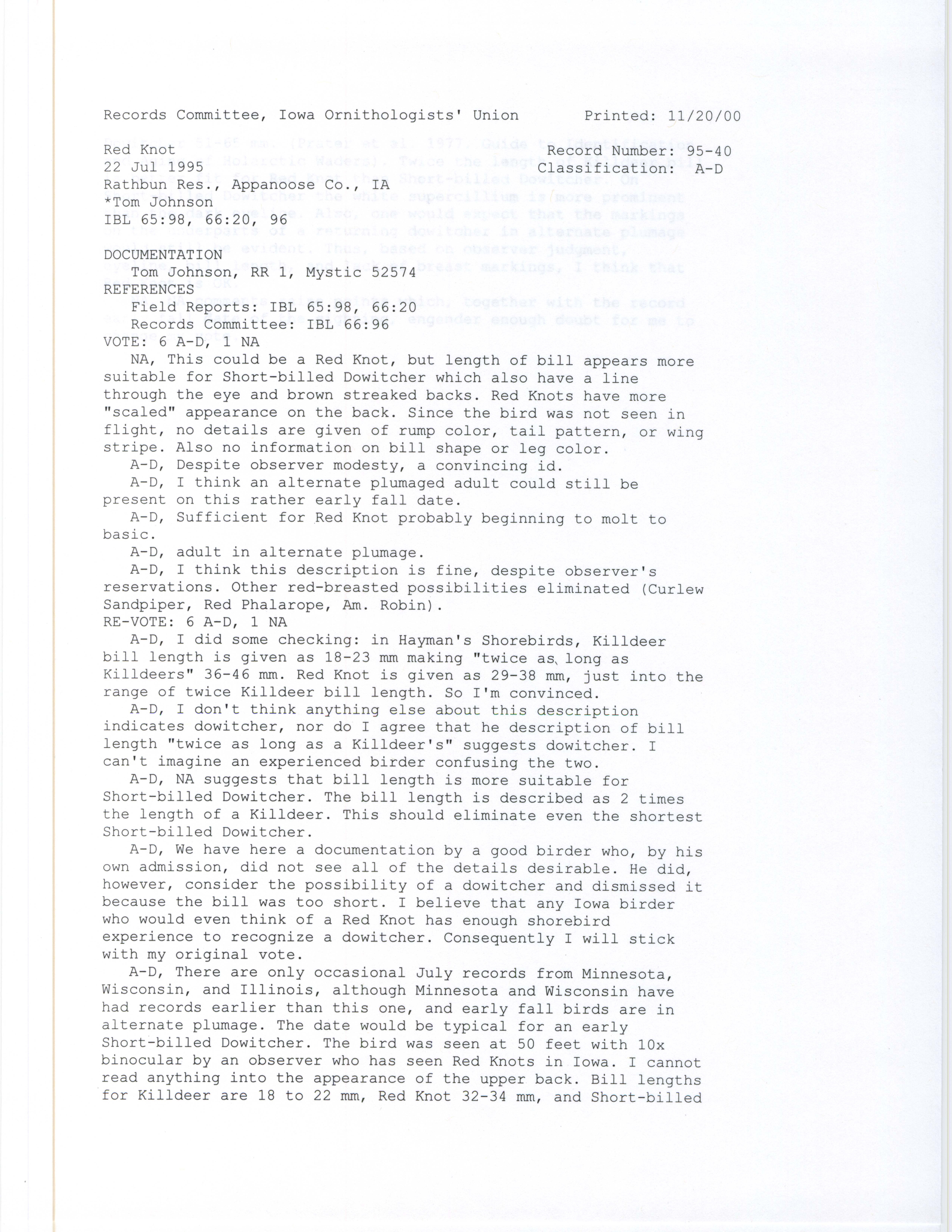 Records Committee review for rare bird sighting for Red Knot at Rathbun Reservoir, 1995
