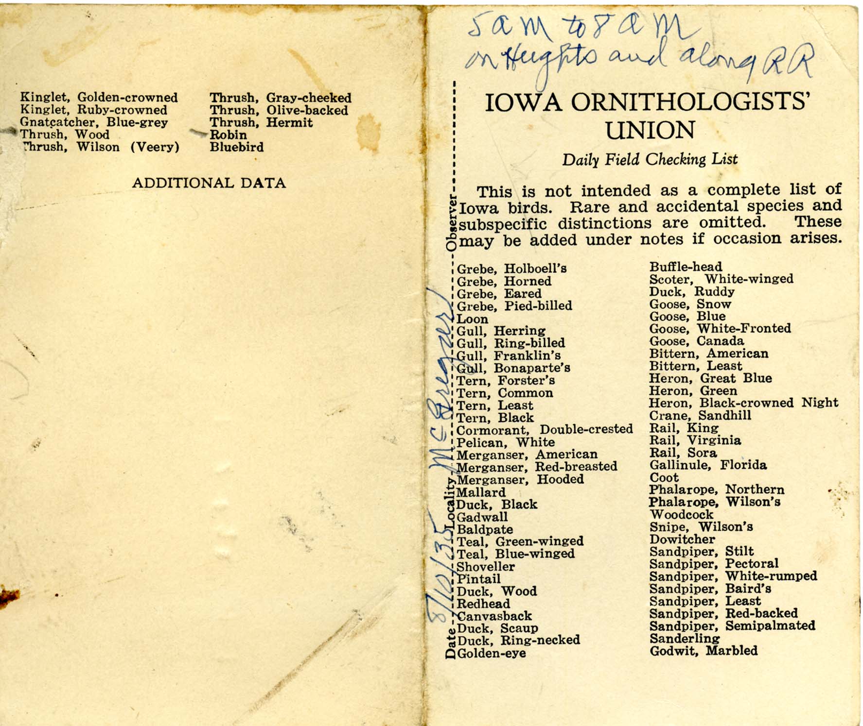 Daily field checking list, Walter Rosene, August 10, 1935