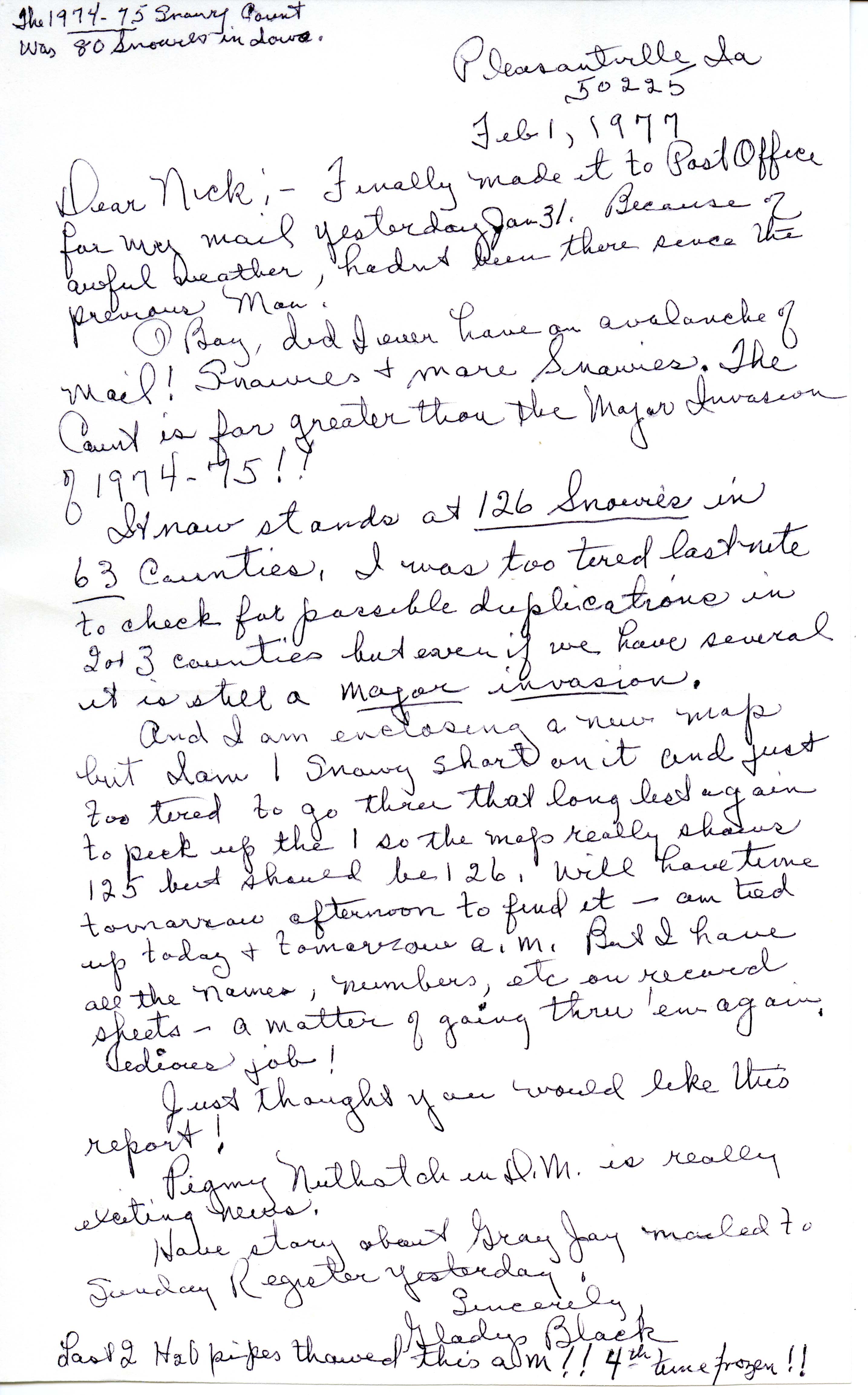 Gladys Black letter to Nicholas S. Halmi regarding Snowy Owl count, February 1, 1977
