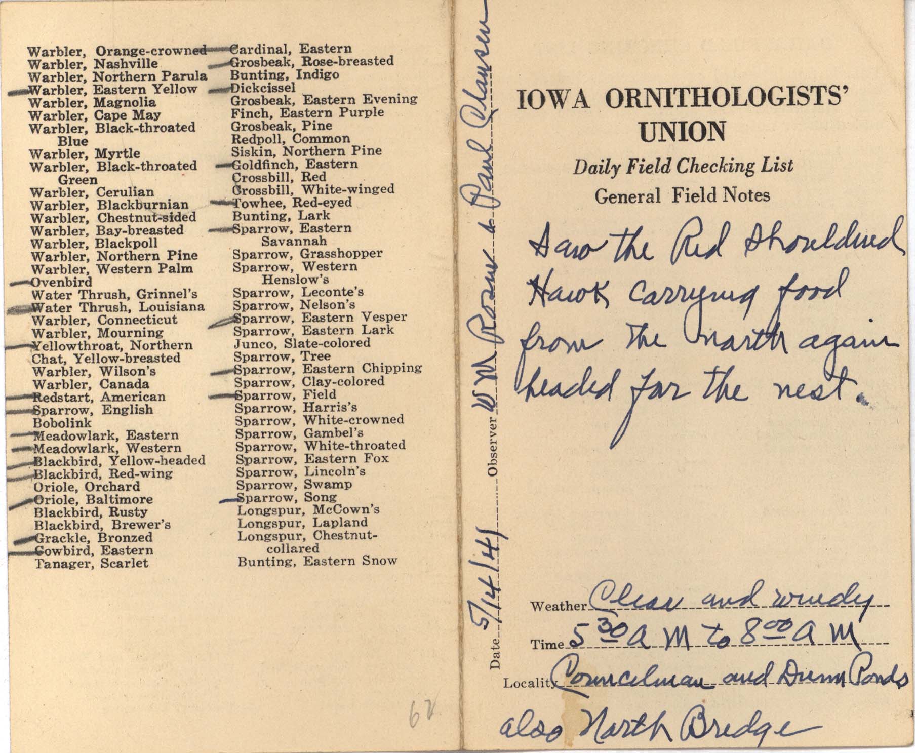 Daily field checking list by Walter Rosene, May 14, 1941