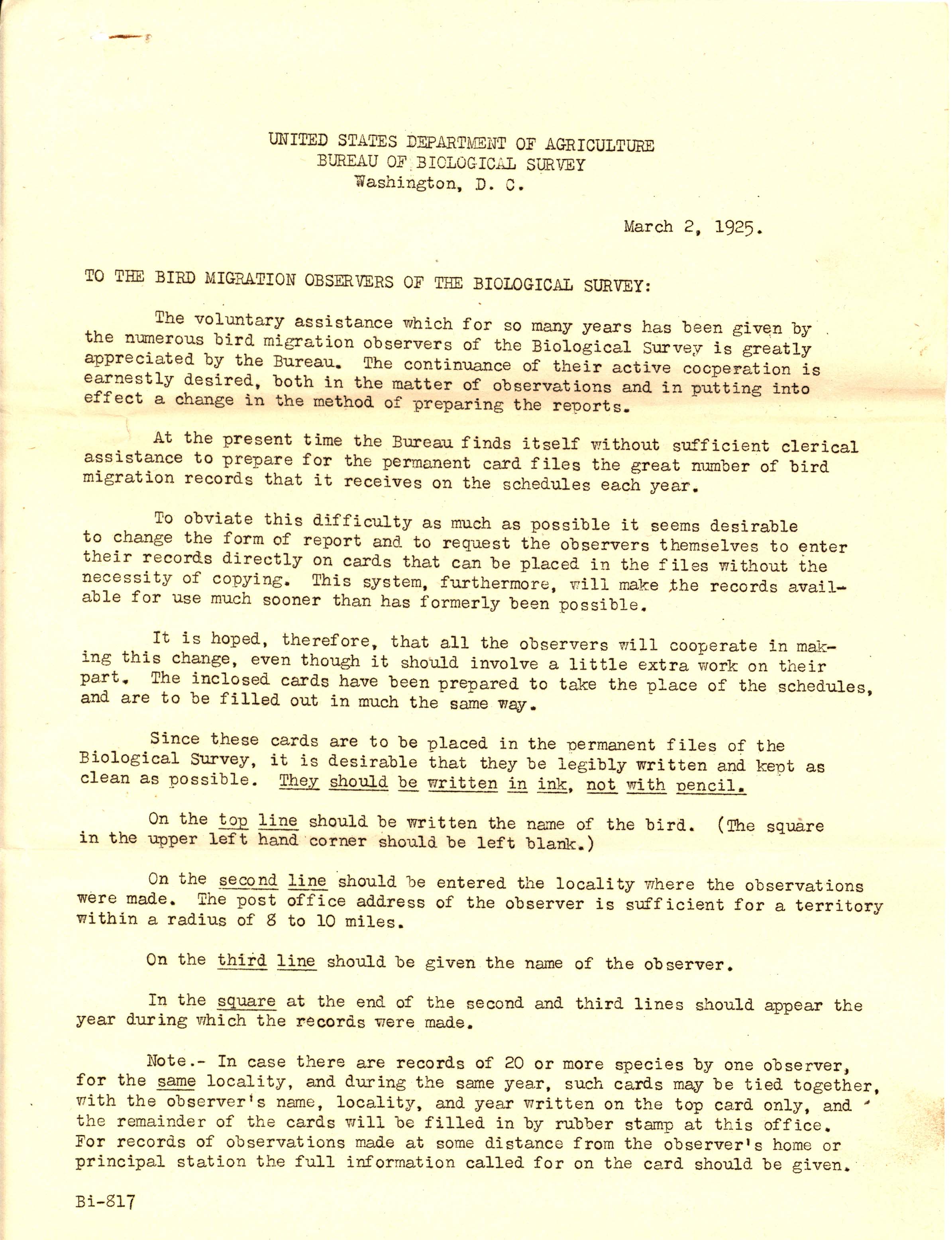 Edward William Nelson letter to the bird migration observers of the Biological Survey regarding a change in reporting bird observations, March 2, 1925