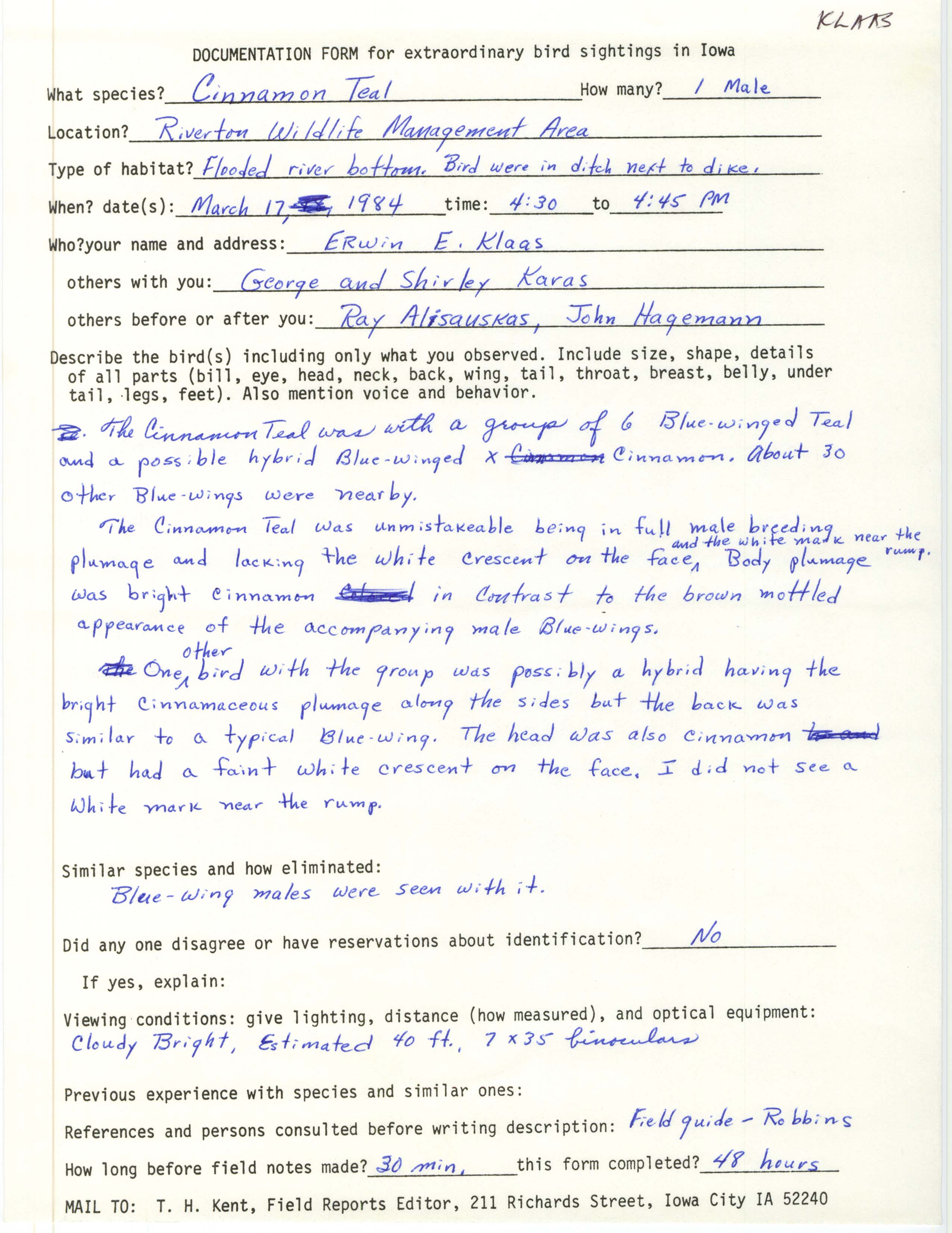 Rare bird documentation form for Cinnamon Teal at Riverton Wildlife Management Area, 1984