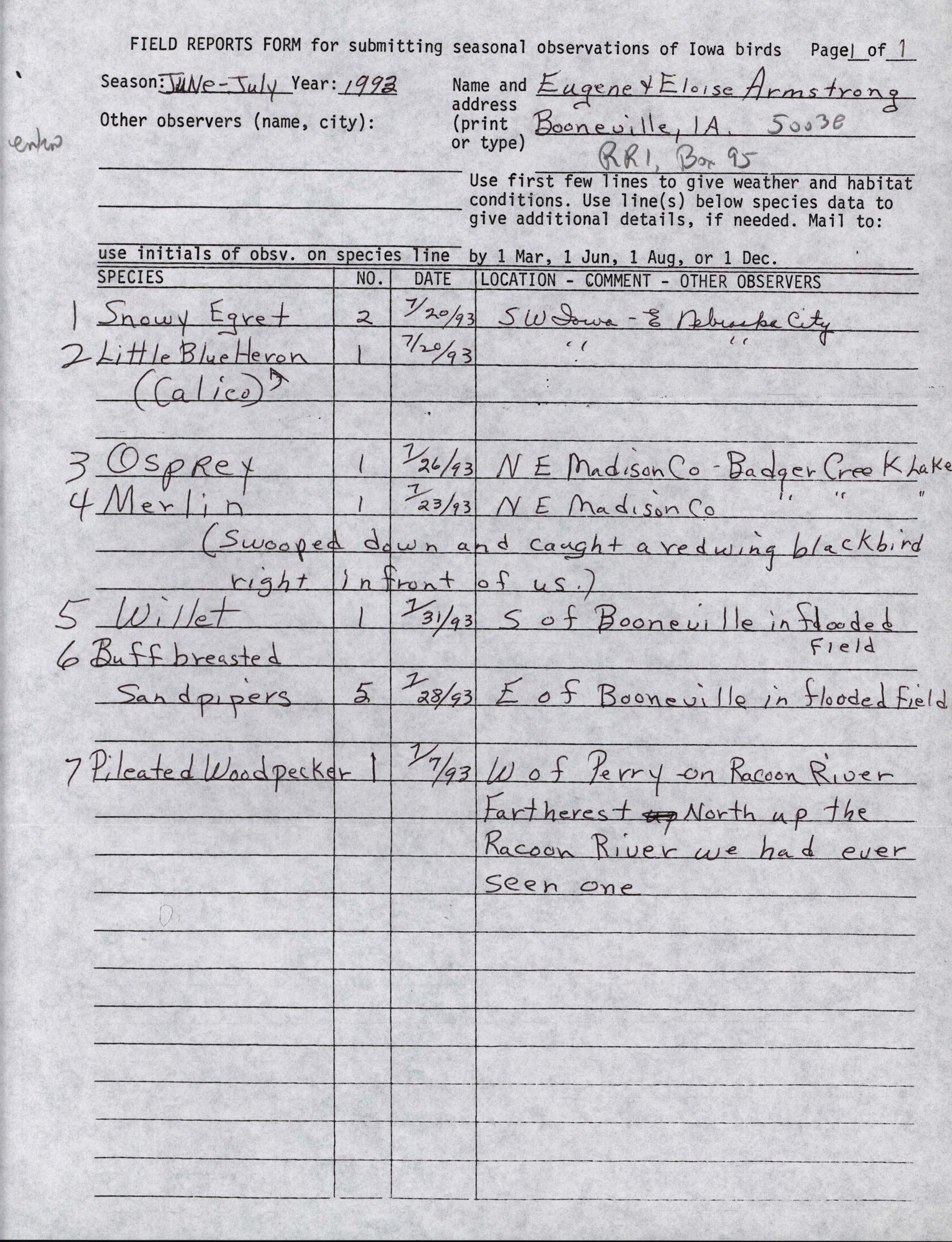 Field reports form for submitting seasonal observations of Iowa birds, Eugene Armstrong and Eloise Armstrong, summer 1993
