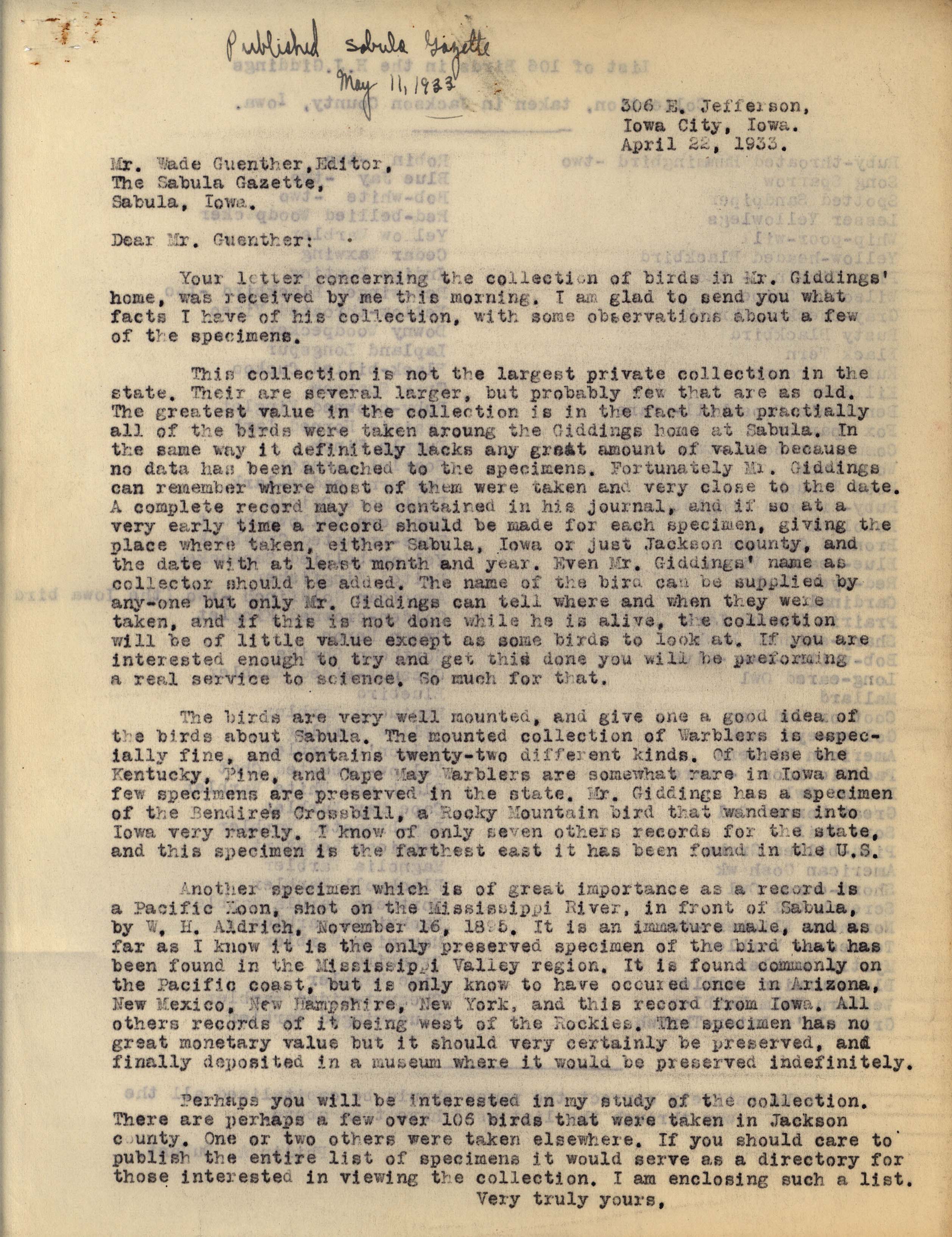 Philip DuMont letter to Wade Guenther regarding the Giddings collection, April 22, 1933
