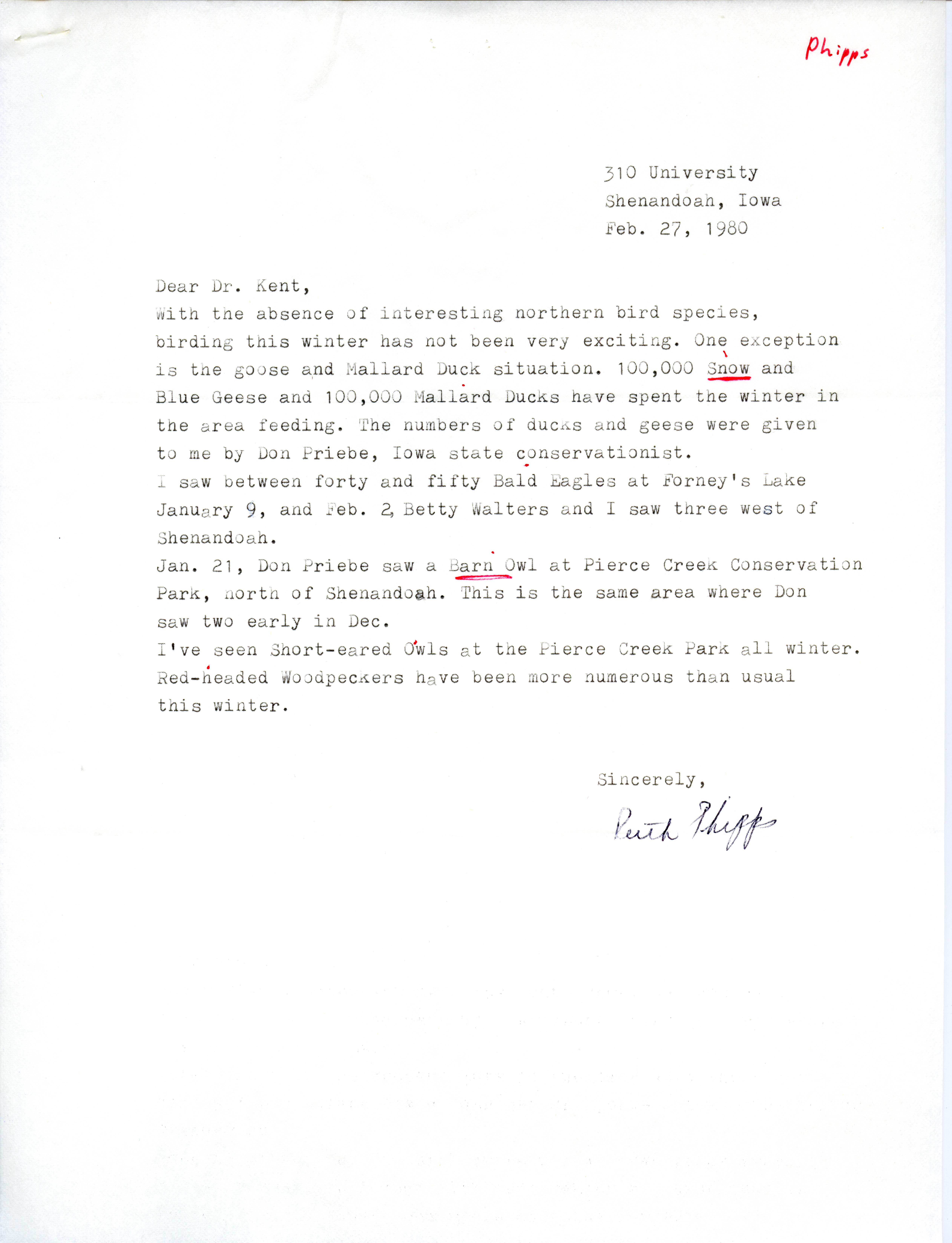 Ruth Phipps letter to Thomas H. Kent regarding bird sightings, February 27, 1980