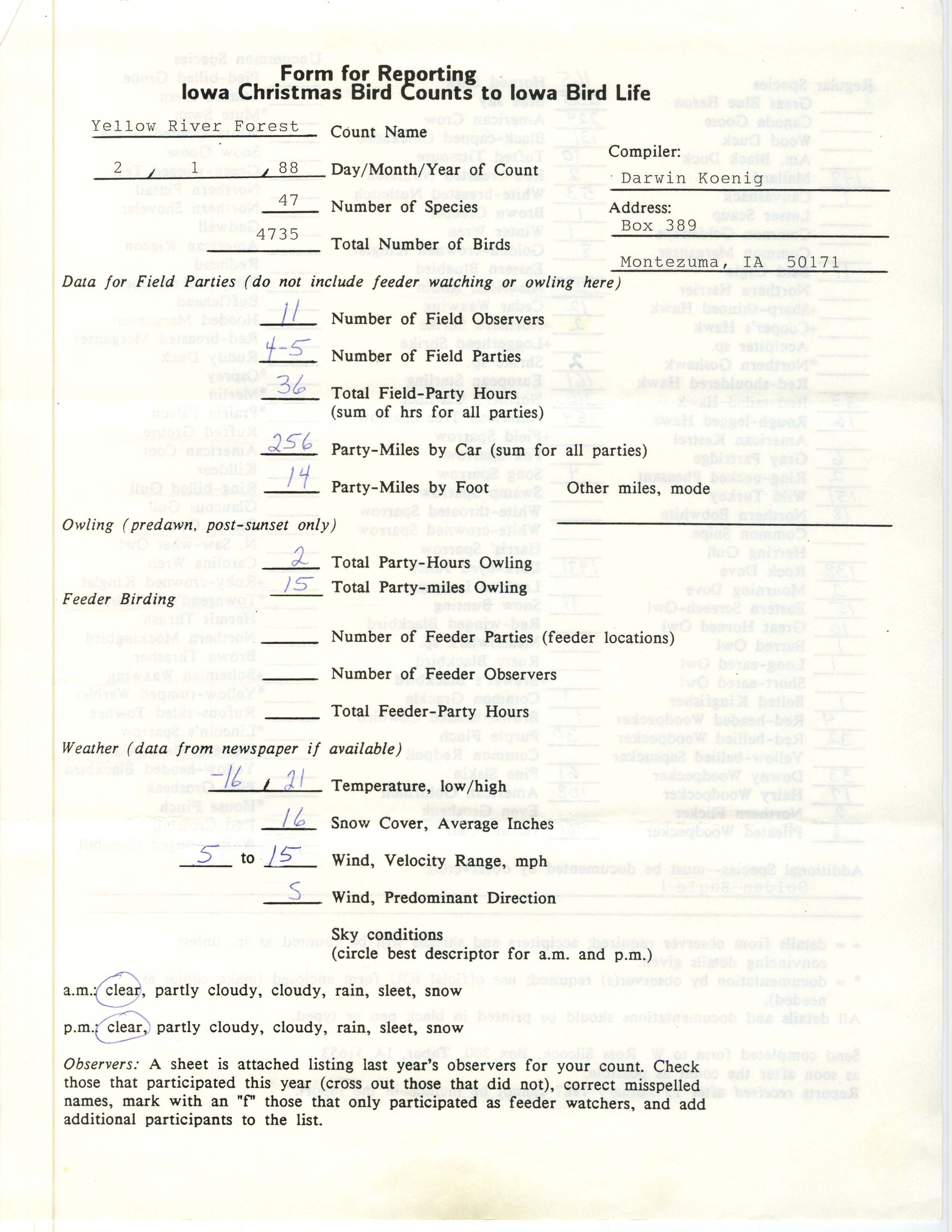 Form for reporting Iowa Christmas bird counts to Iowa Bird Life, Darwin Koenig, January 2, 1988