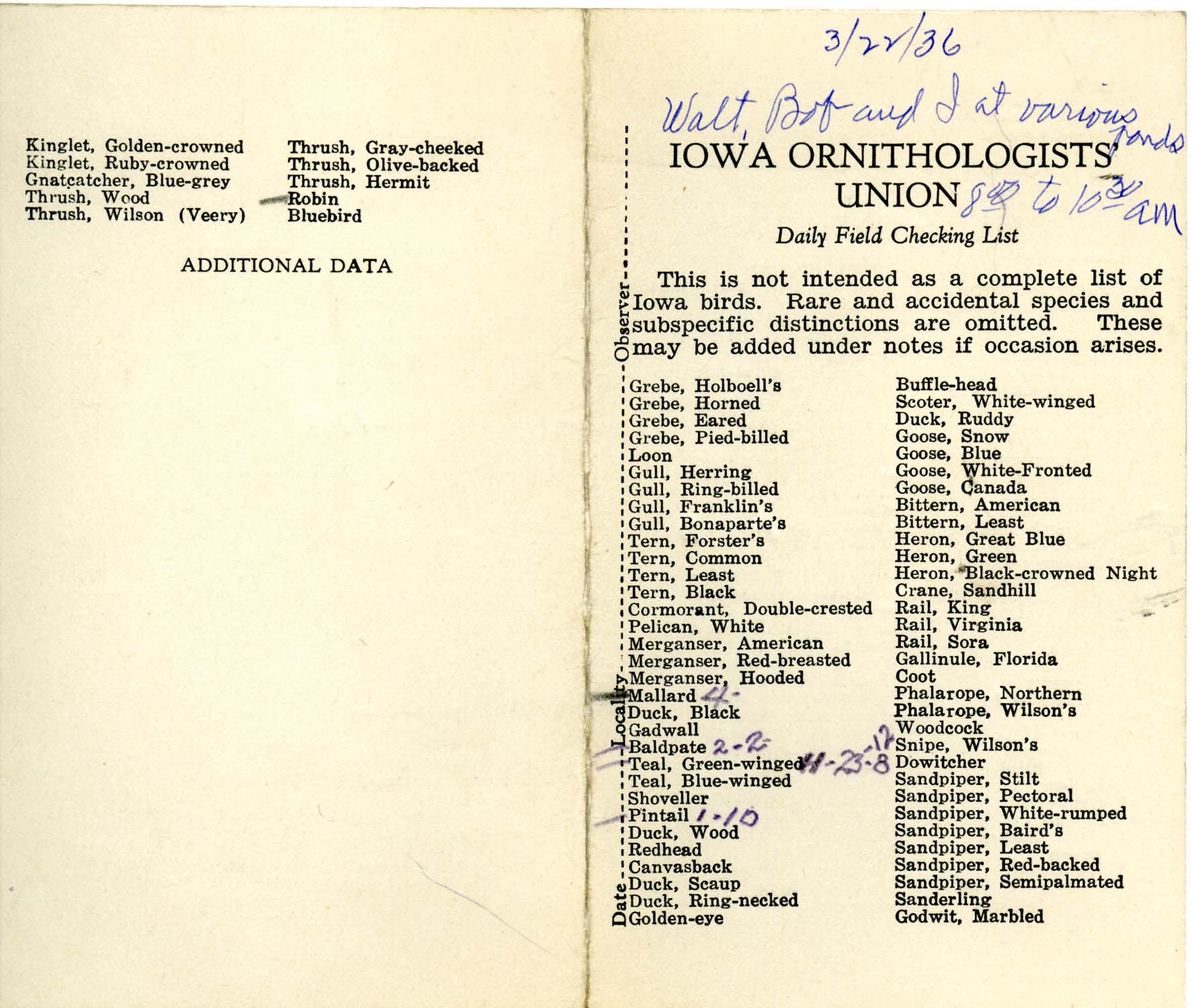 Daily field checking list by Walter Rosene, March 22, 1936
