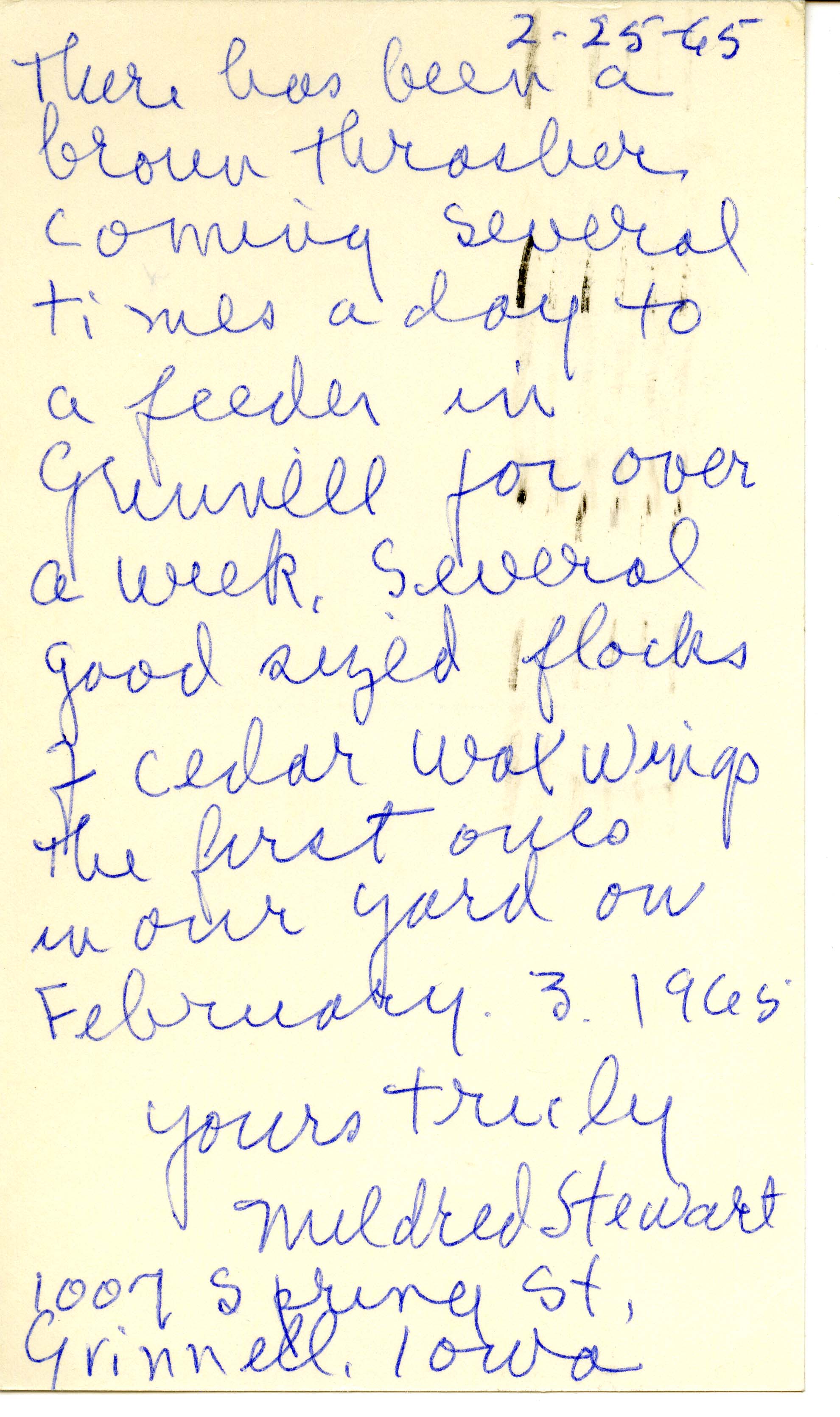 Mildred Stewart post card to Peter C. Petersen regarding the bird sightings in Grinnell, Iowa, February  25, 1965
