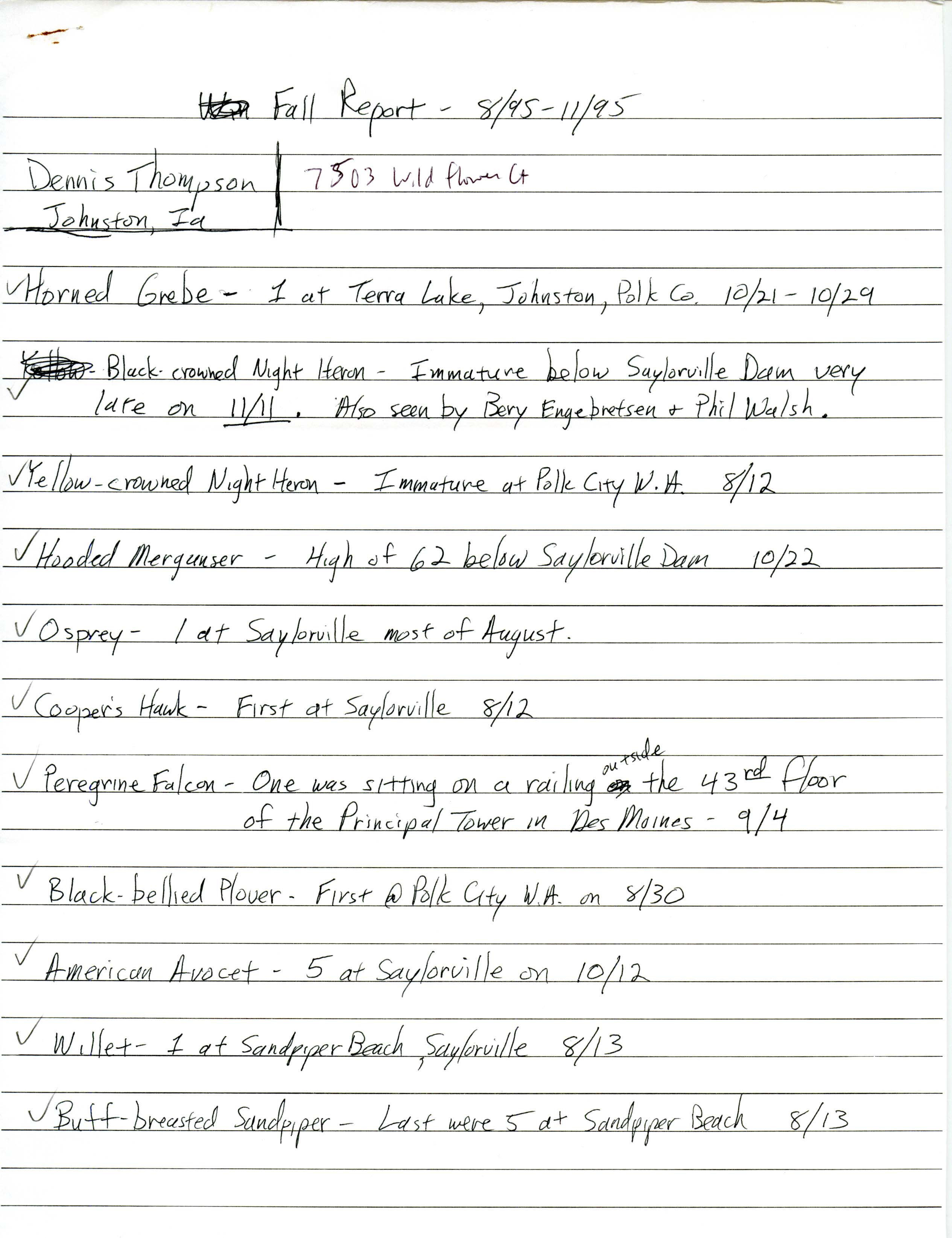 Field notes contributed by Dennis Thompson, fall 1995