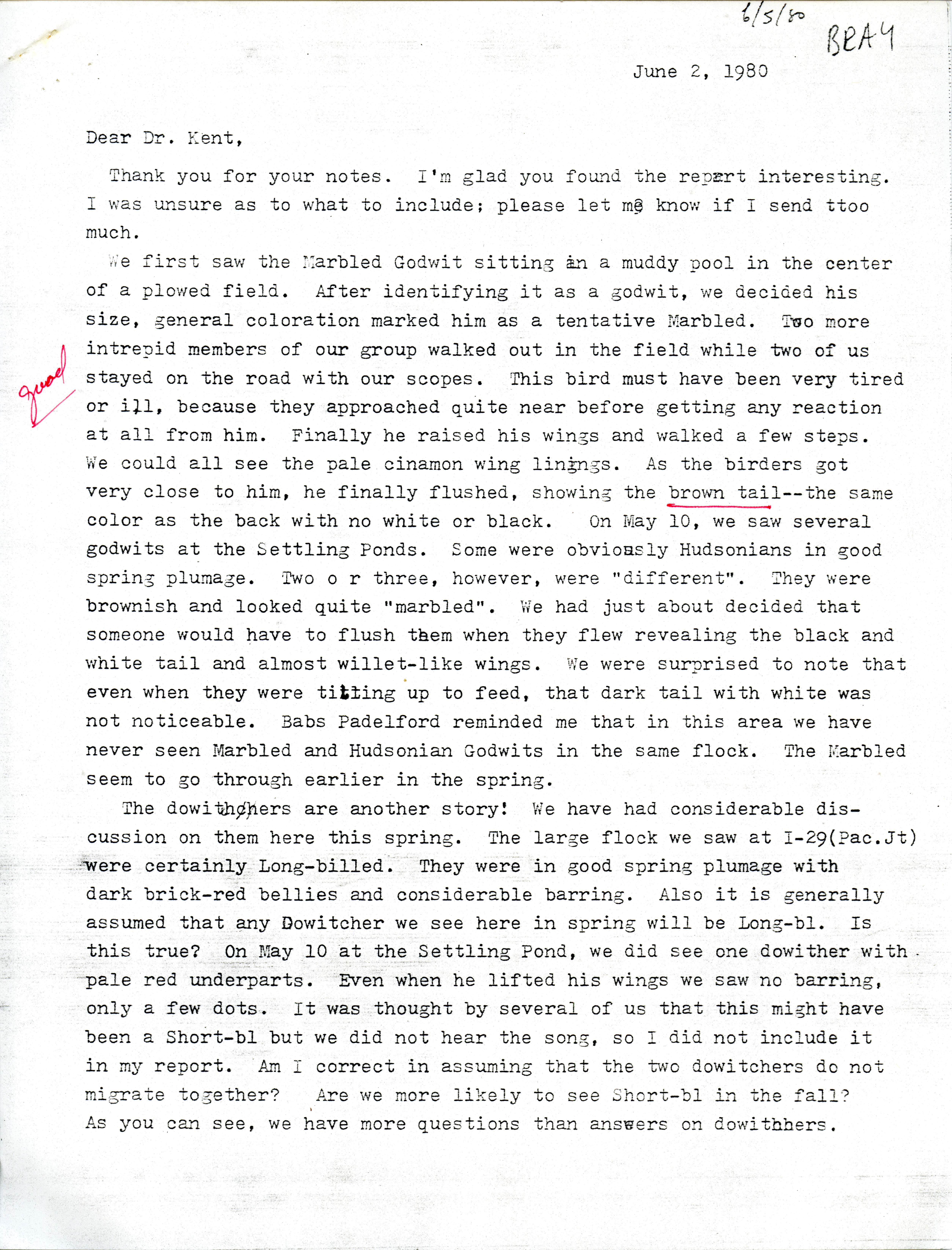 Tanya Bray letter to Thomas H. Kent regarding bird sightings, June 2, 1980