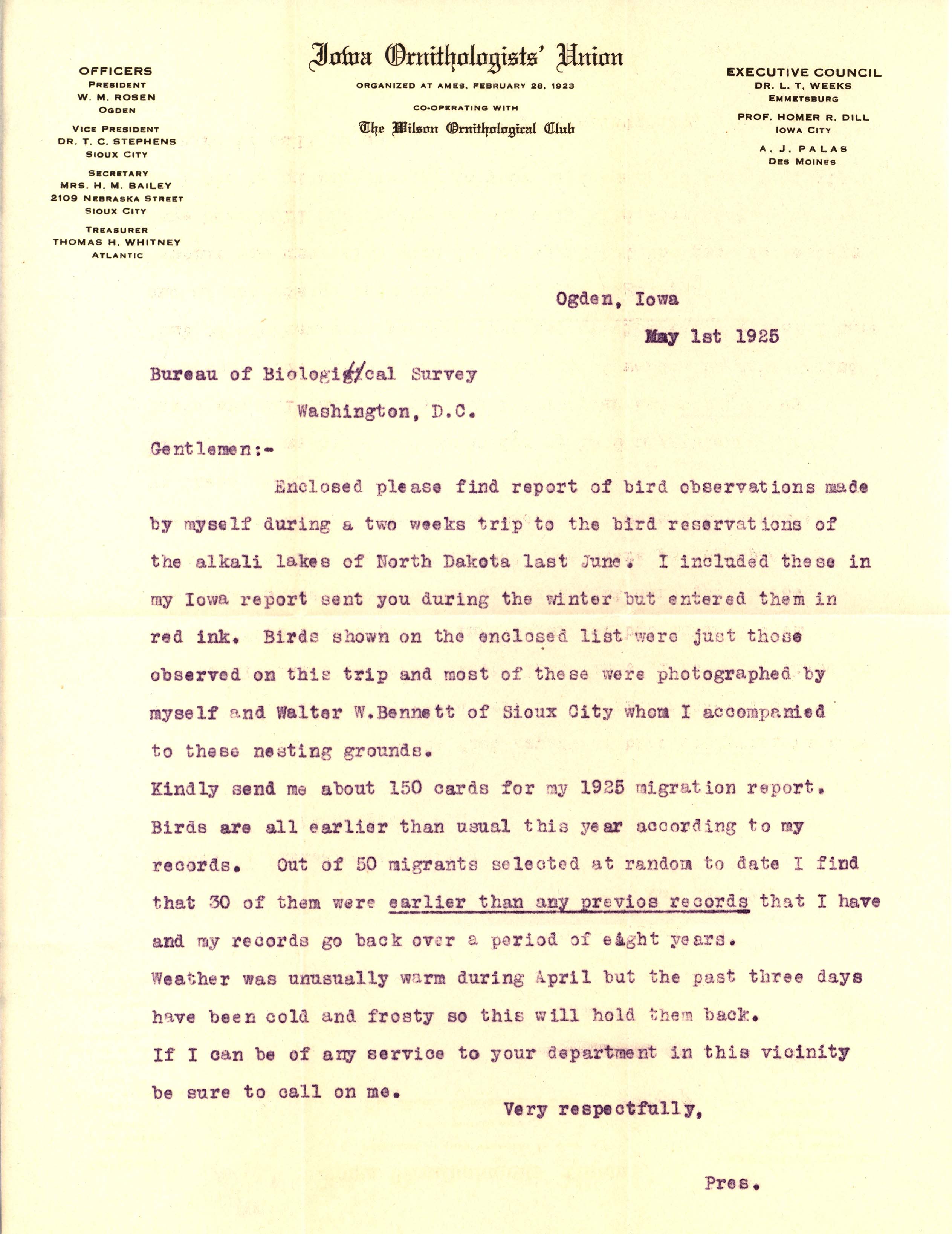 Walter Rosene letter to the United States Bureau of Biological Survey regarding bird observations from a trip to North Dakota, May 1, 1925