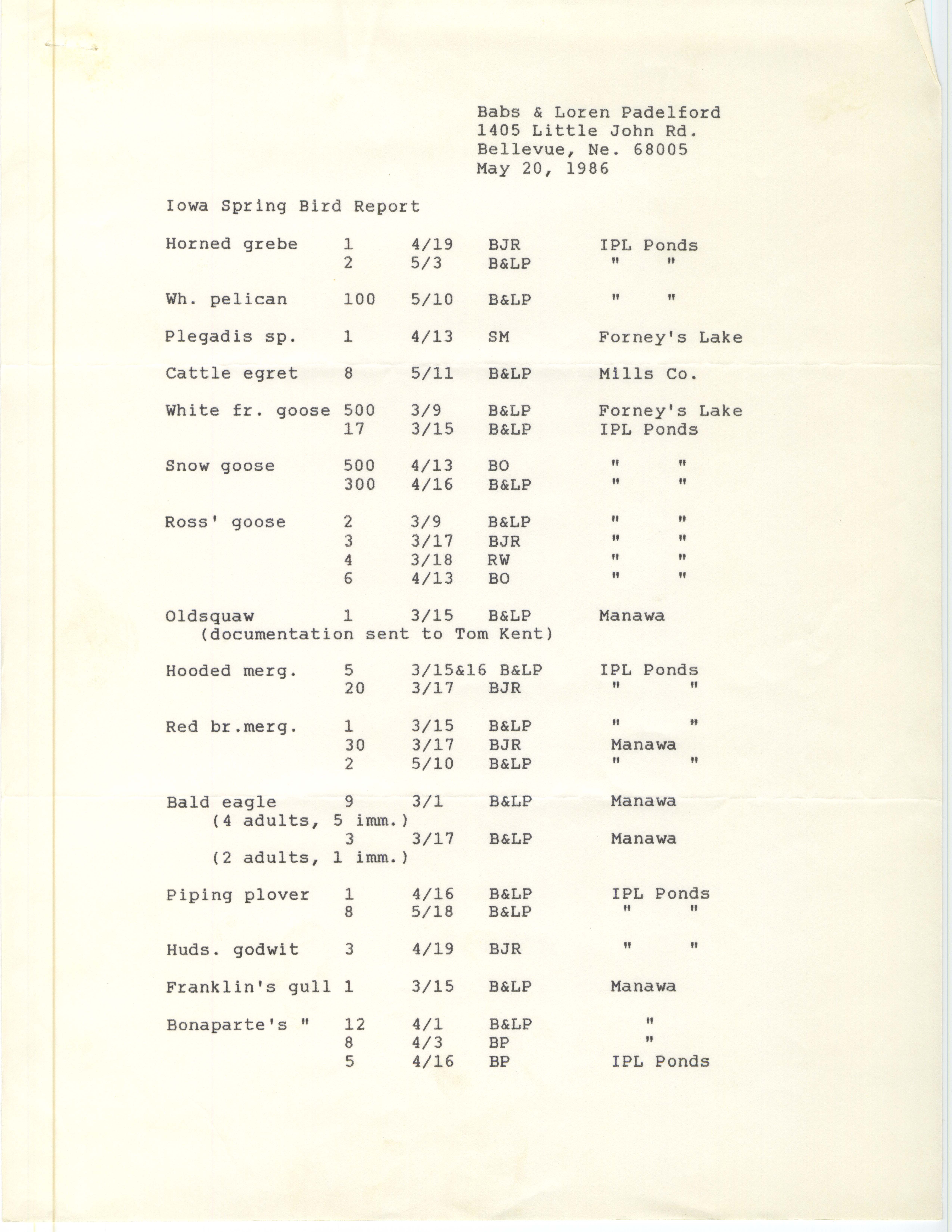 Iowa Spring bird report, Babs & Loren Padelford, May 20, 1986