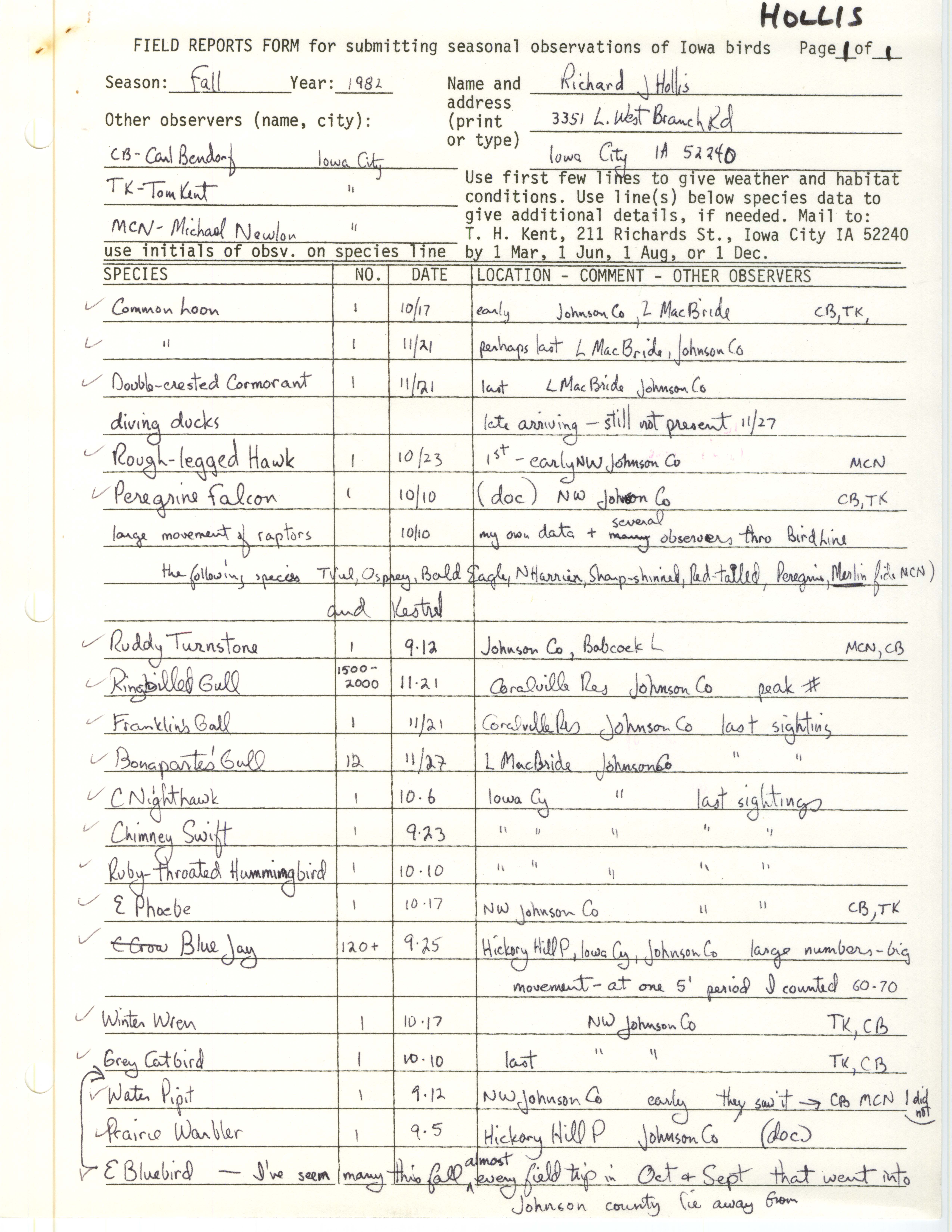 Field report contributed by Richard J. Hollis for fall 1982